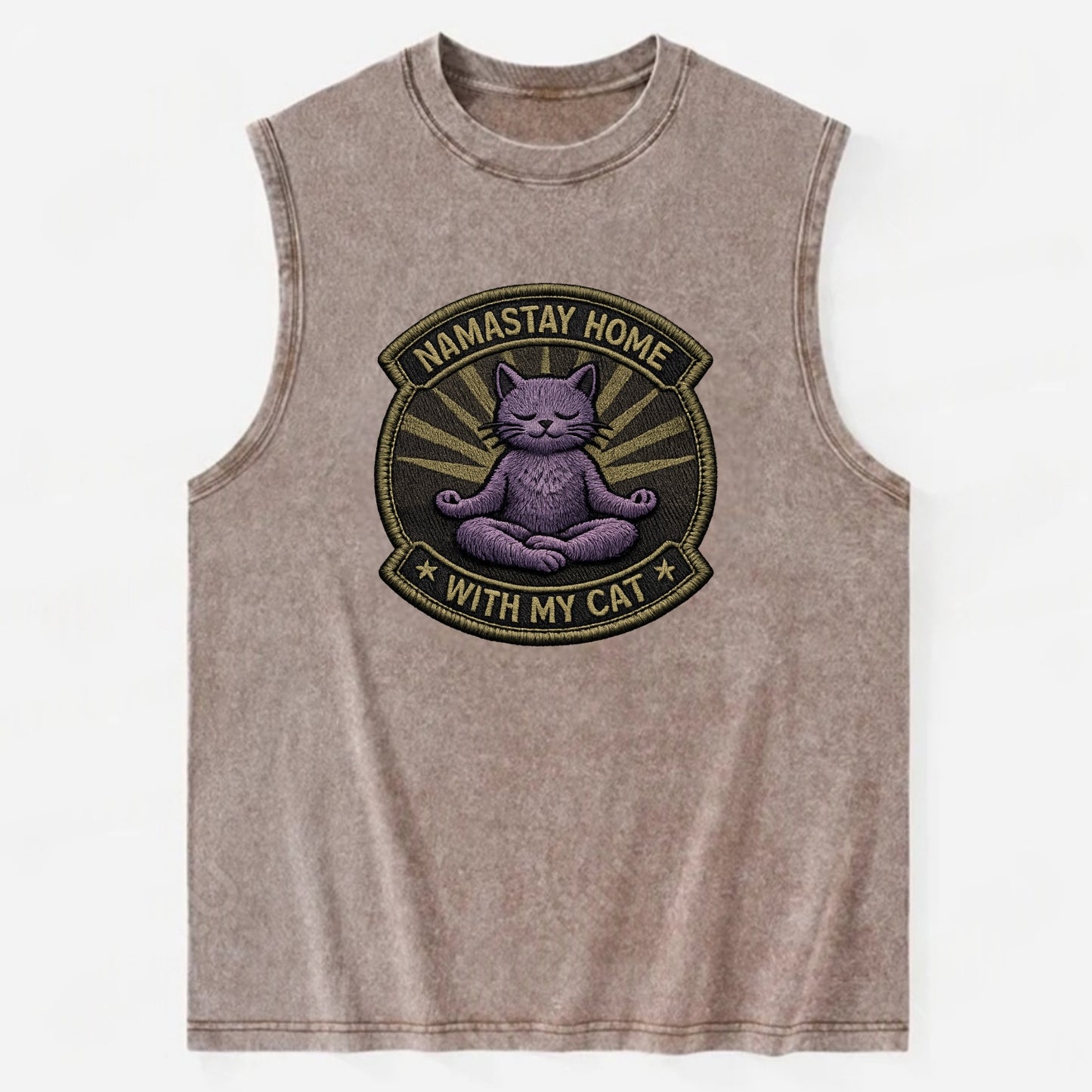 NAMASTAY HOME WITH MY CAT - yoga cat in purple , introvert cat - Vintage Washed Tank - Brown
