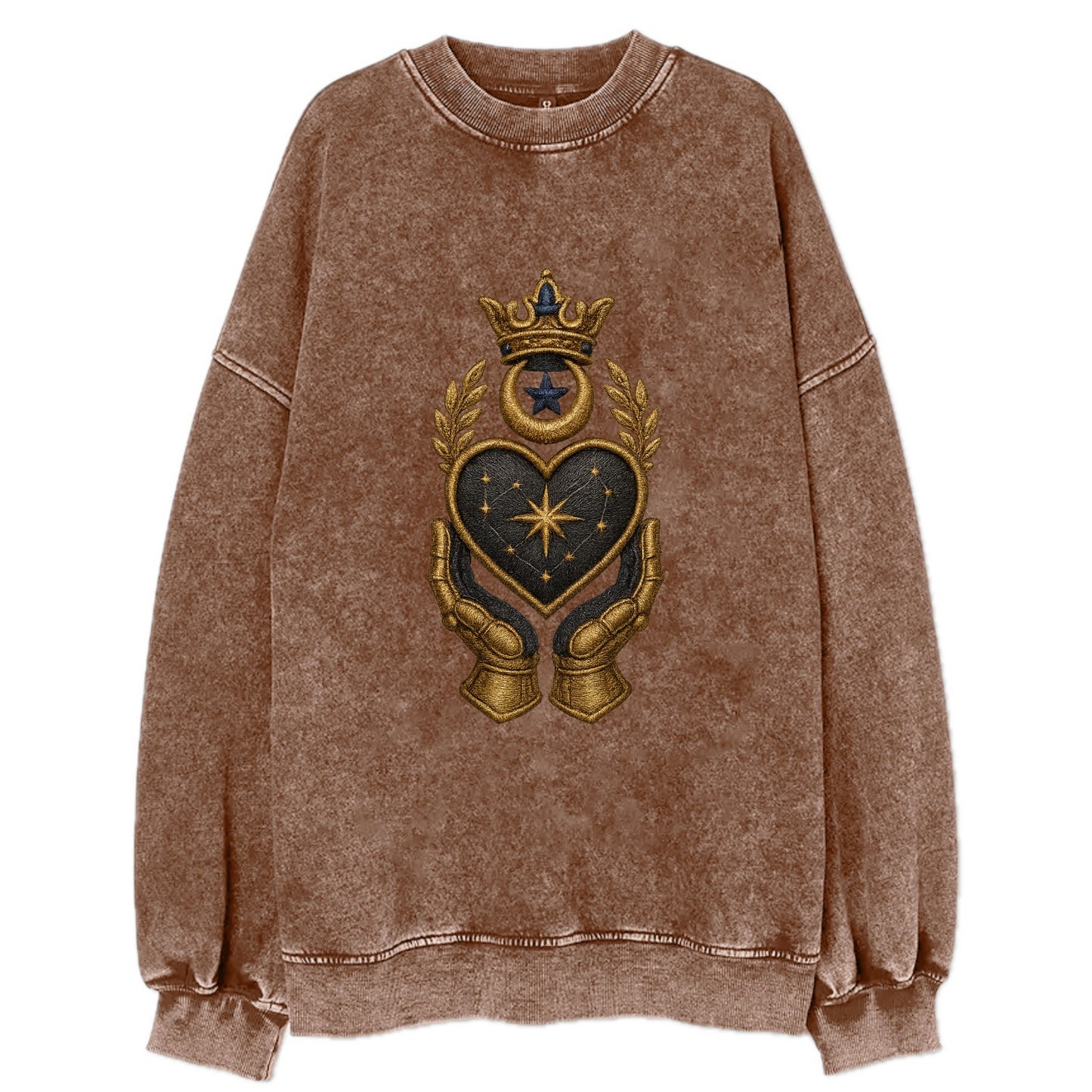 Crowned heart with Art Deco sunburst crown and geometric filigree hands - Vintage Sweatshirt - Brown