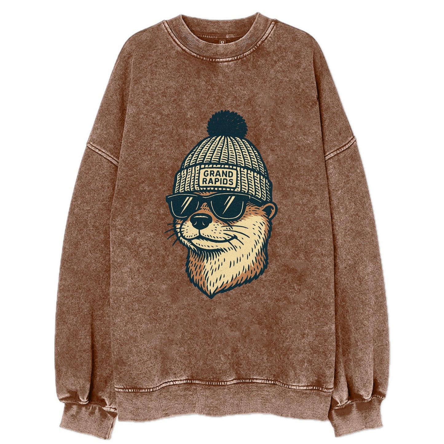Grand Rapids River Otter wearing Grand Rapids beanie with pom pom and wayfarer - Vintage Sweatshirt - Brown