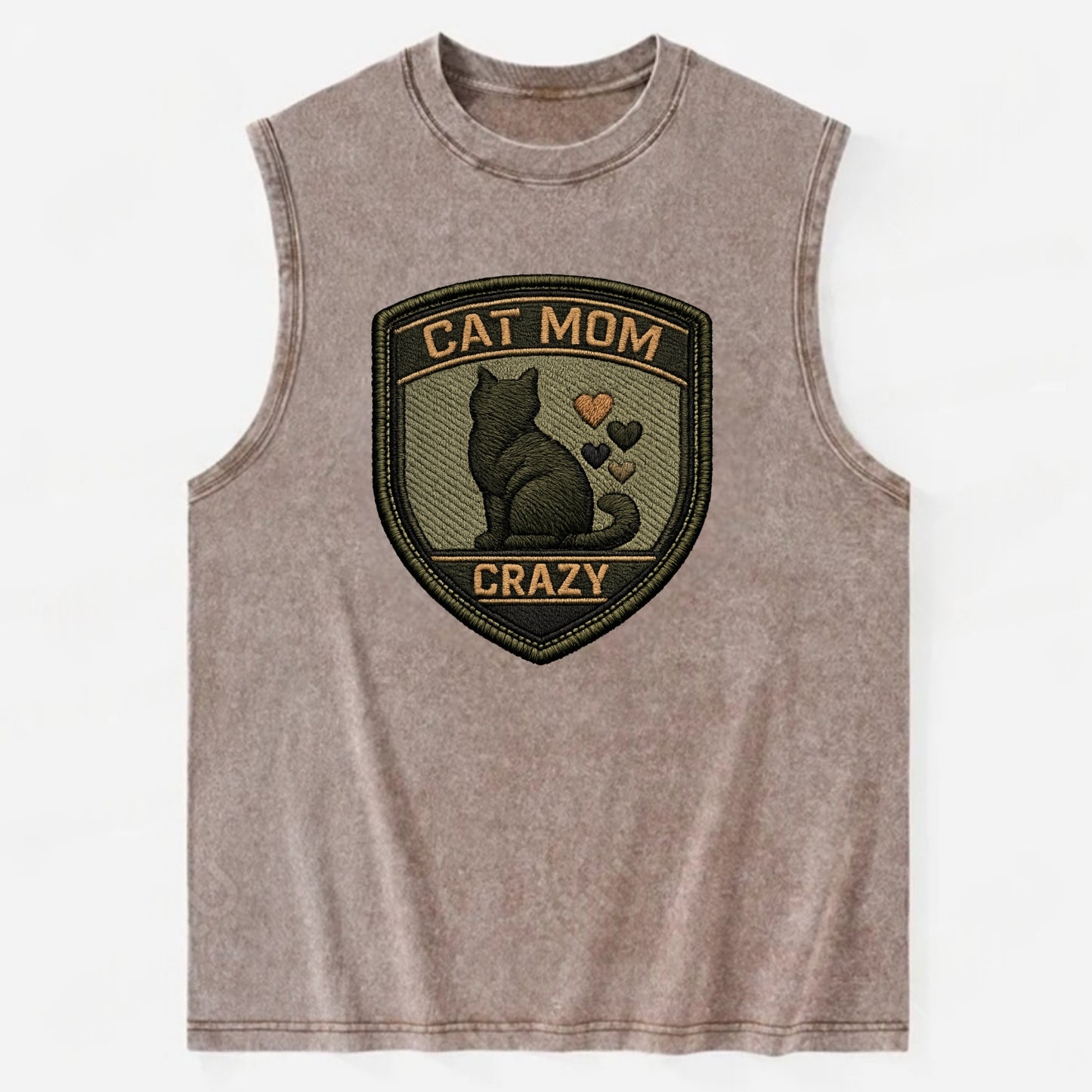 CAT MOM CRAZY - cat silhouette with hearts in purple , cat lady - Vintage Washed Tank - Brown