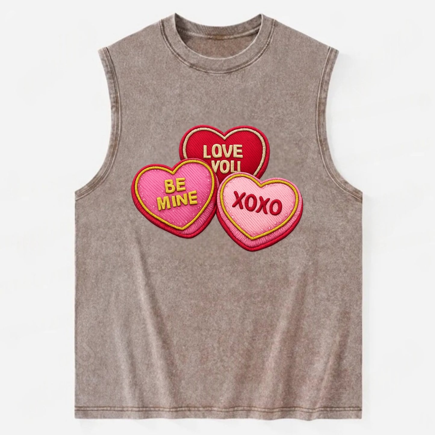 VALENTINES HEARTS - candy hearts in pink and red , love day - Vintage Washed Tank - Brown