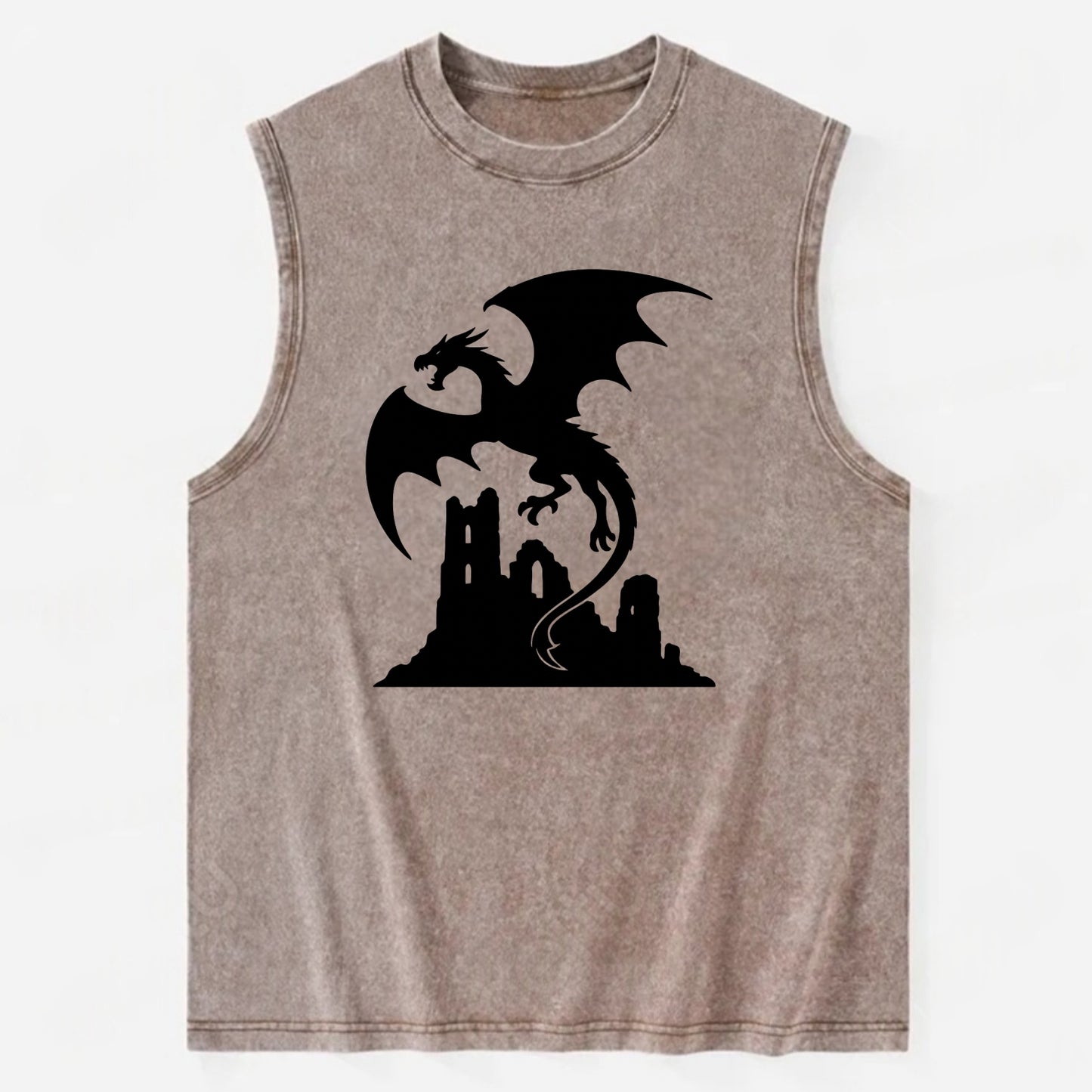 Dragon flying over castle ruins - Vintage Washed Tank - Brown