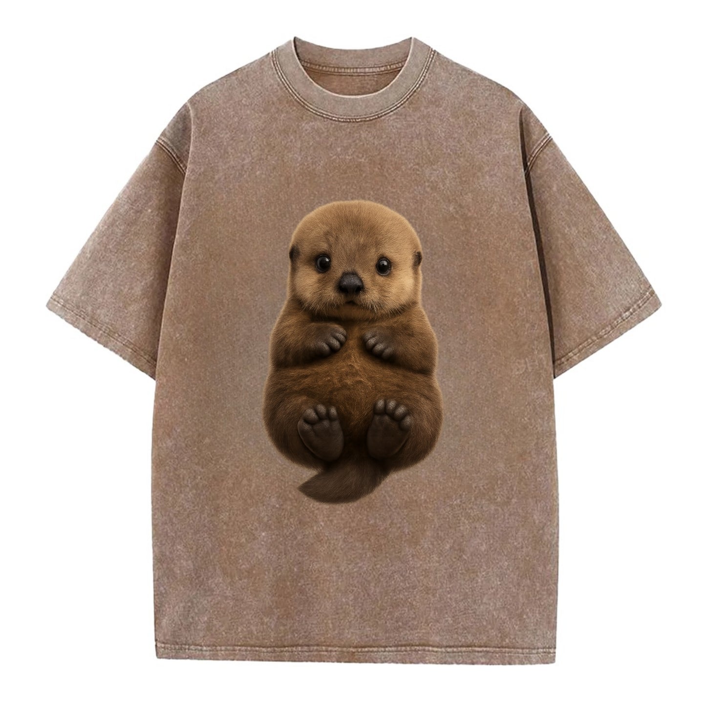 Baby Sea Otter - brown fluffy, floating on back, tiny paws, bright eyes, - Vintage T-shirt - Brown