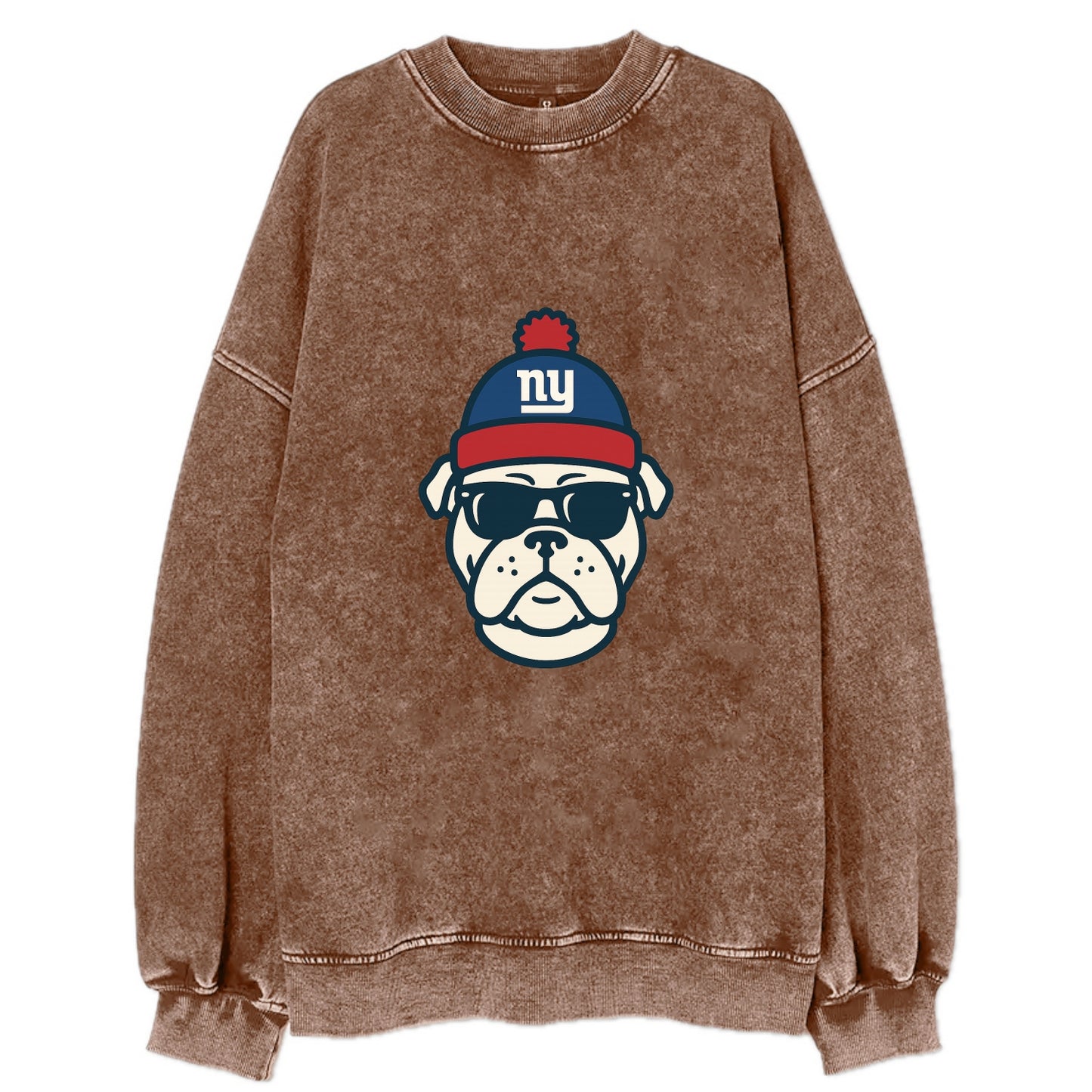 New York Bulldog wearing Giants blue and red beanie with pom pom and wayfarer - Vintage Sweatshirt - Brown