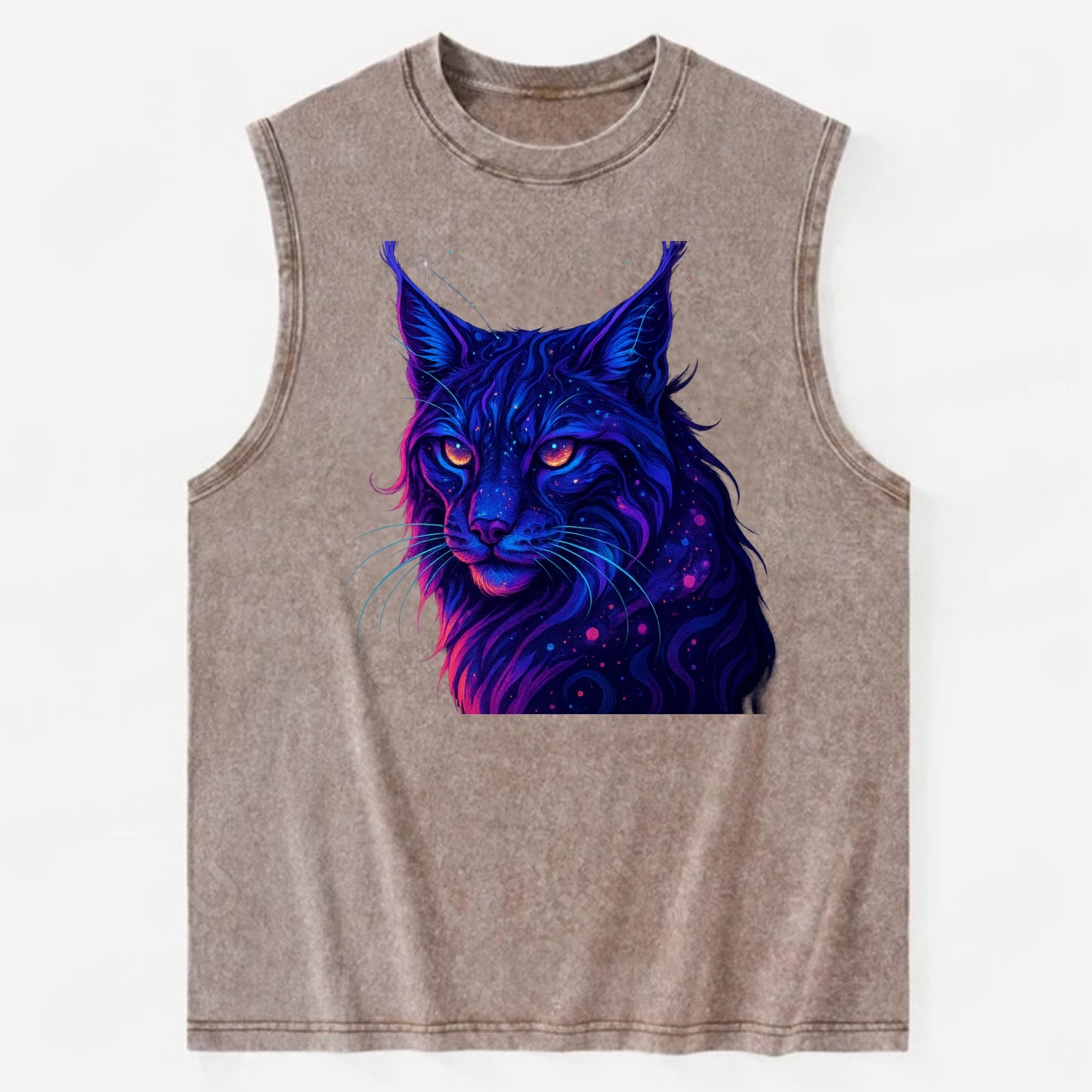 Stealthy lynx with ear tufts forming constellation patterns, nebula spots - Vintage Washed Tank - Brown
