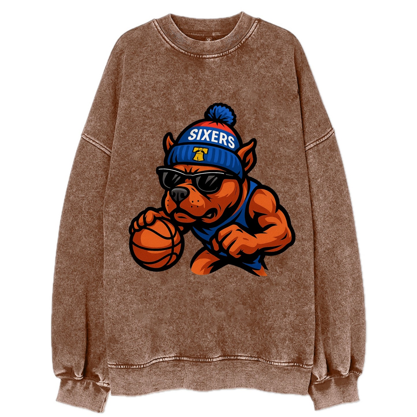 Philly Pitbull wearing Sixers beanie with Liberty Bell and wayfarer sunglasses - Vintage Sweatshirt - Brown