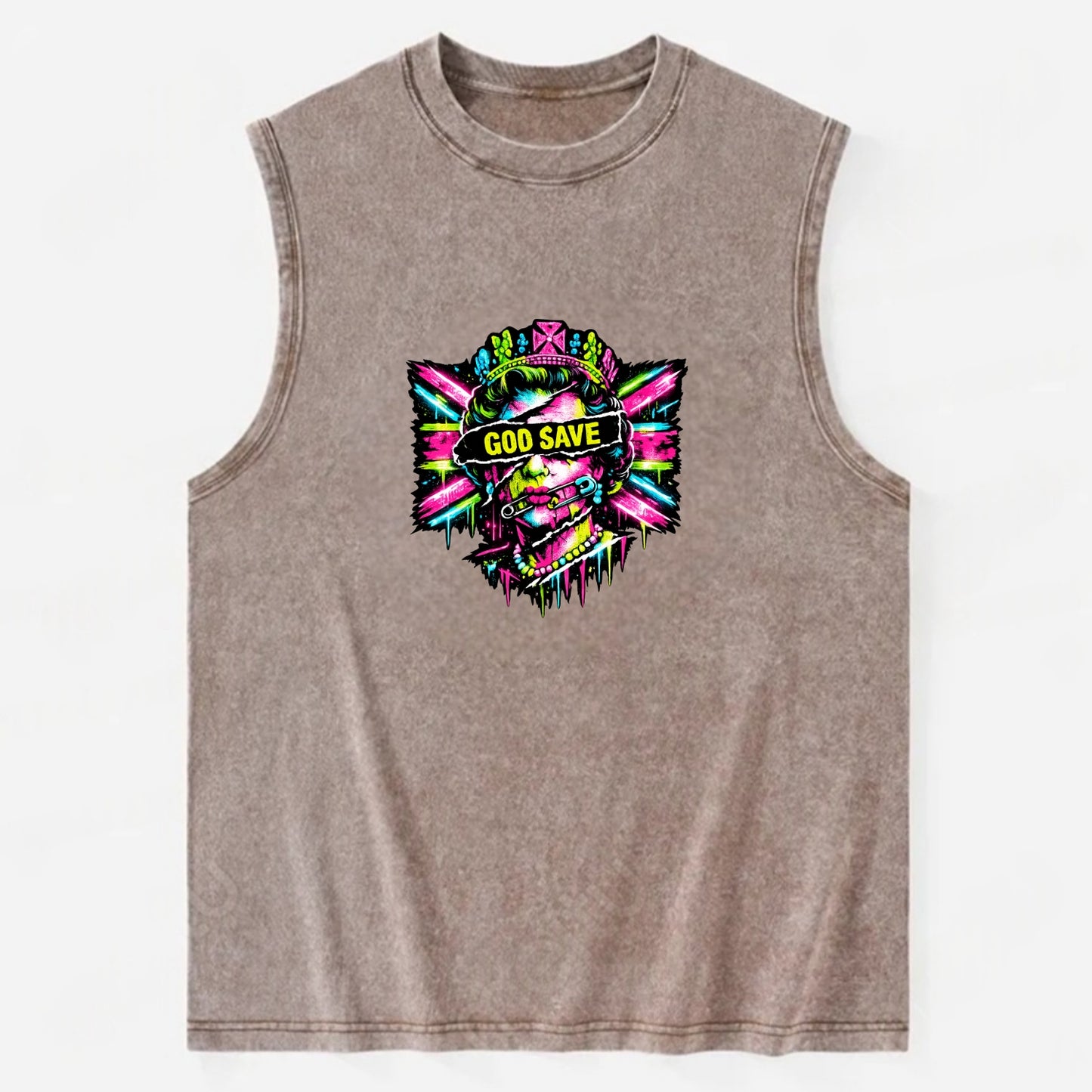 GOD SAVE | Torn royal portrait style | Blackout bar across eyes | Safety pin - Vintage Washed Tank - Brown