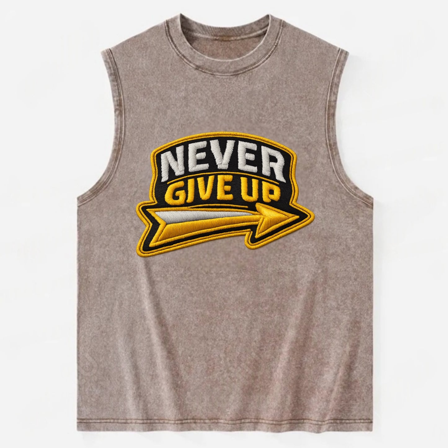 NEVER GIVE UP - bold text with arrow in gold , determination - Vintage Washed Tank - Brown