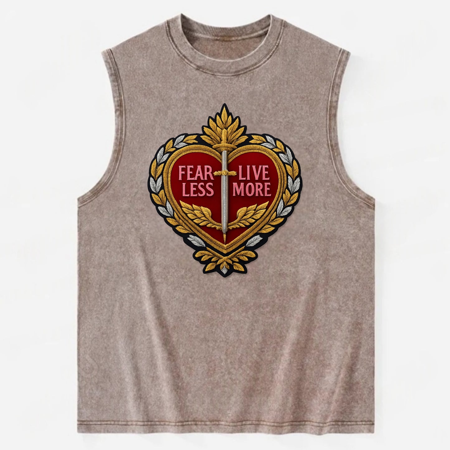 FEAR LESS LIVE MORE - heart with text in red , courage - Vintage Washed Tank - Brown