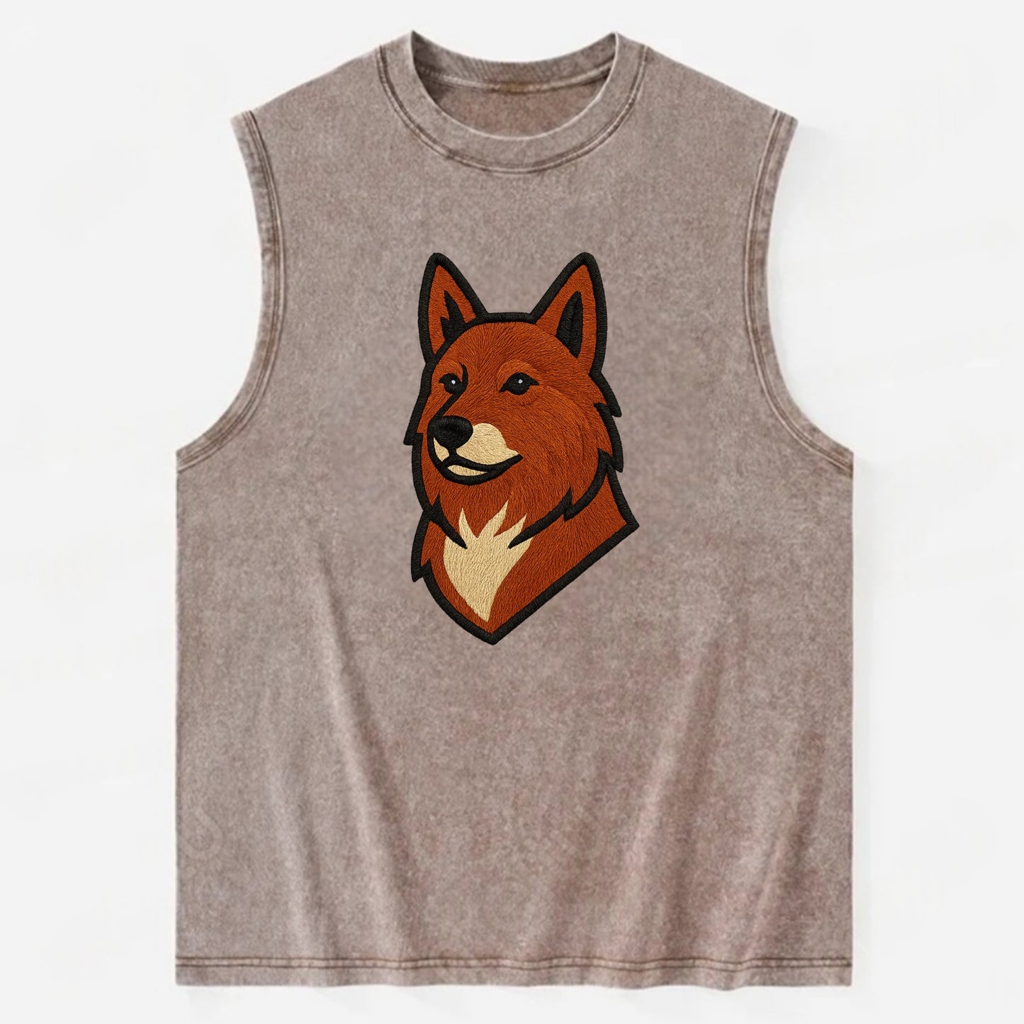 Finnish Spitz - Fox-red pointed ears embroidered pose - Vintage Washed Tank - Brown