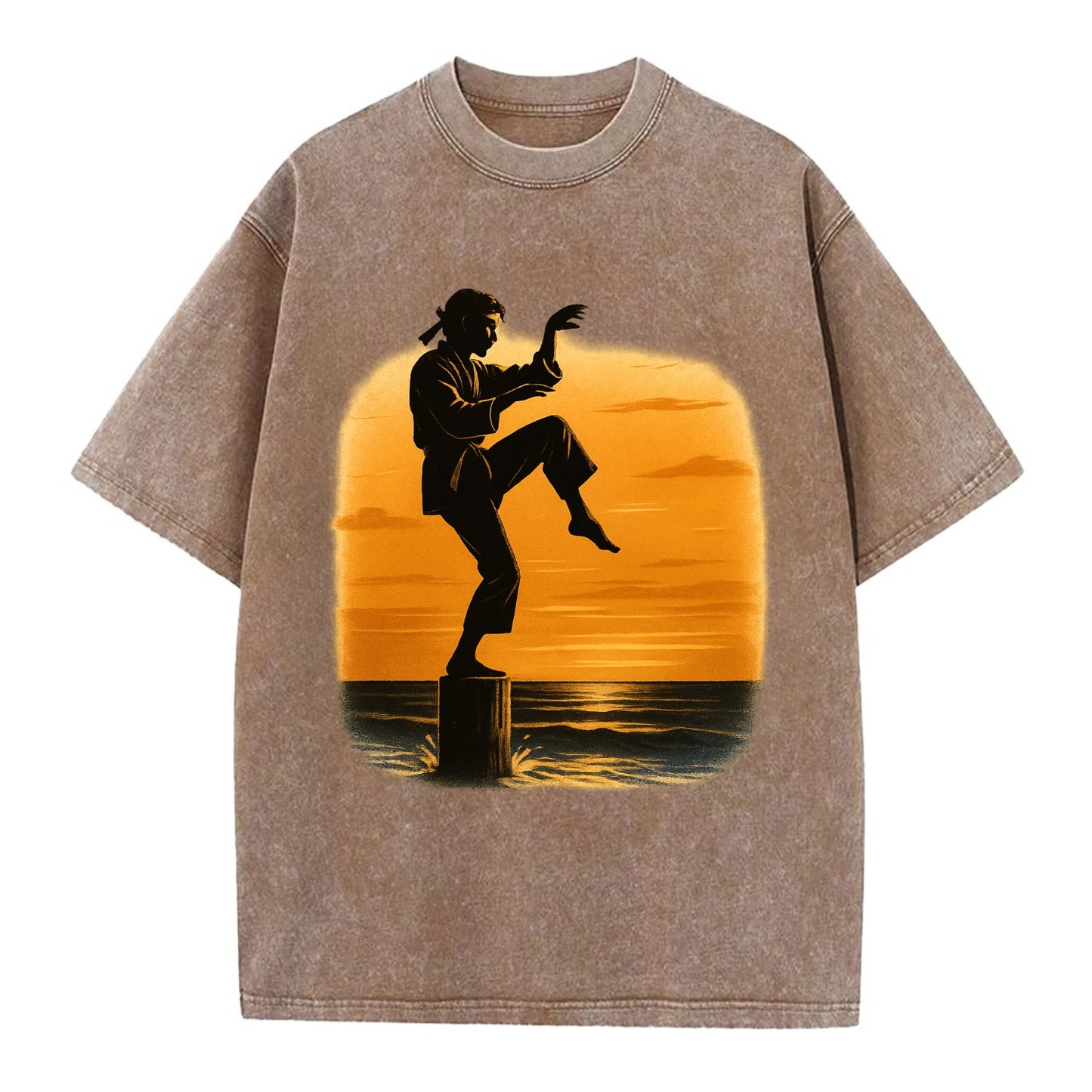 karate crane kick pose on wooden post at beach sunset - Vintage T-shirt - Brown