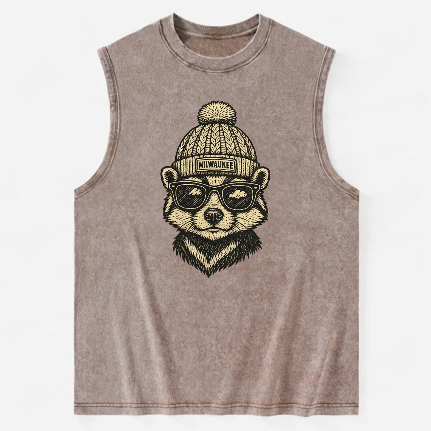 Wisconsin Badger wearing Milwaukee beanie with pom pom and wayfarer sunglasses - Vintage Washed Tank - Brown