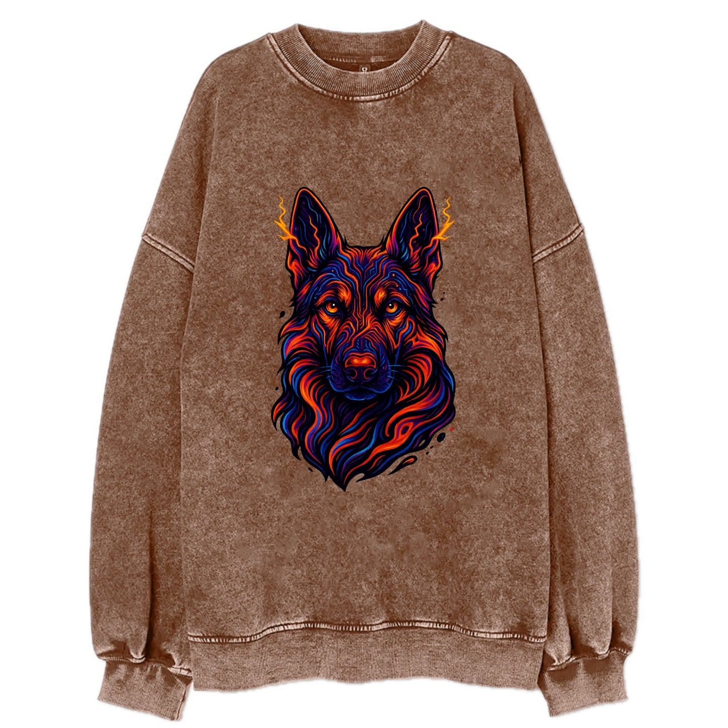 Alert German Shepherd with cyber circuit patterns in the fur, neon orange and - Vintage Sweatshirt - Brown
