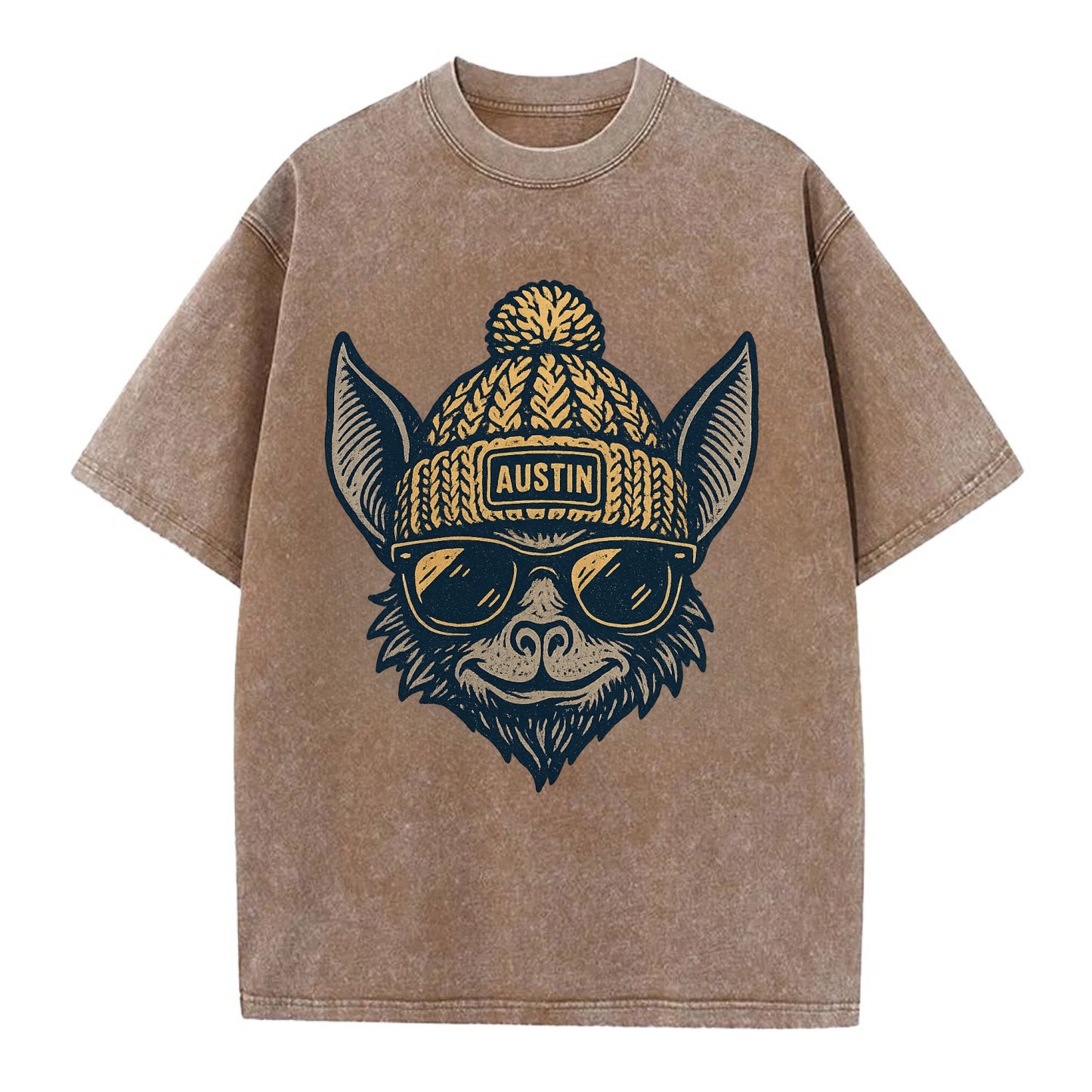 Austin Bat wearing Austin beanie with pom pom and wayfarer sunglasses - Vintage T-shirt - Brown