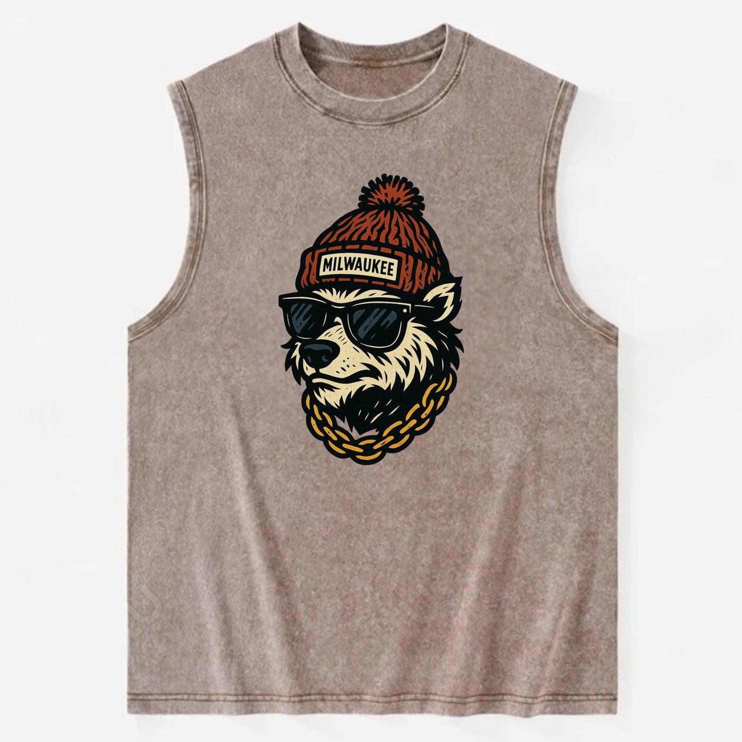 Milwaukee Badger wearing Milwaukee beanie with pom pom and wayfarer sunglasses - Vintage Washed Tank - Brown