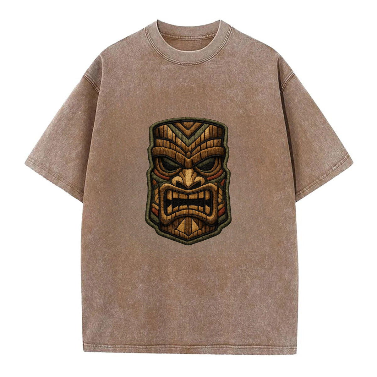 TIKI MASK - carved totem in brown and red , Polynesian - Vintage T-shirt - Brown