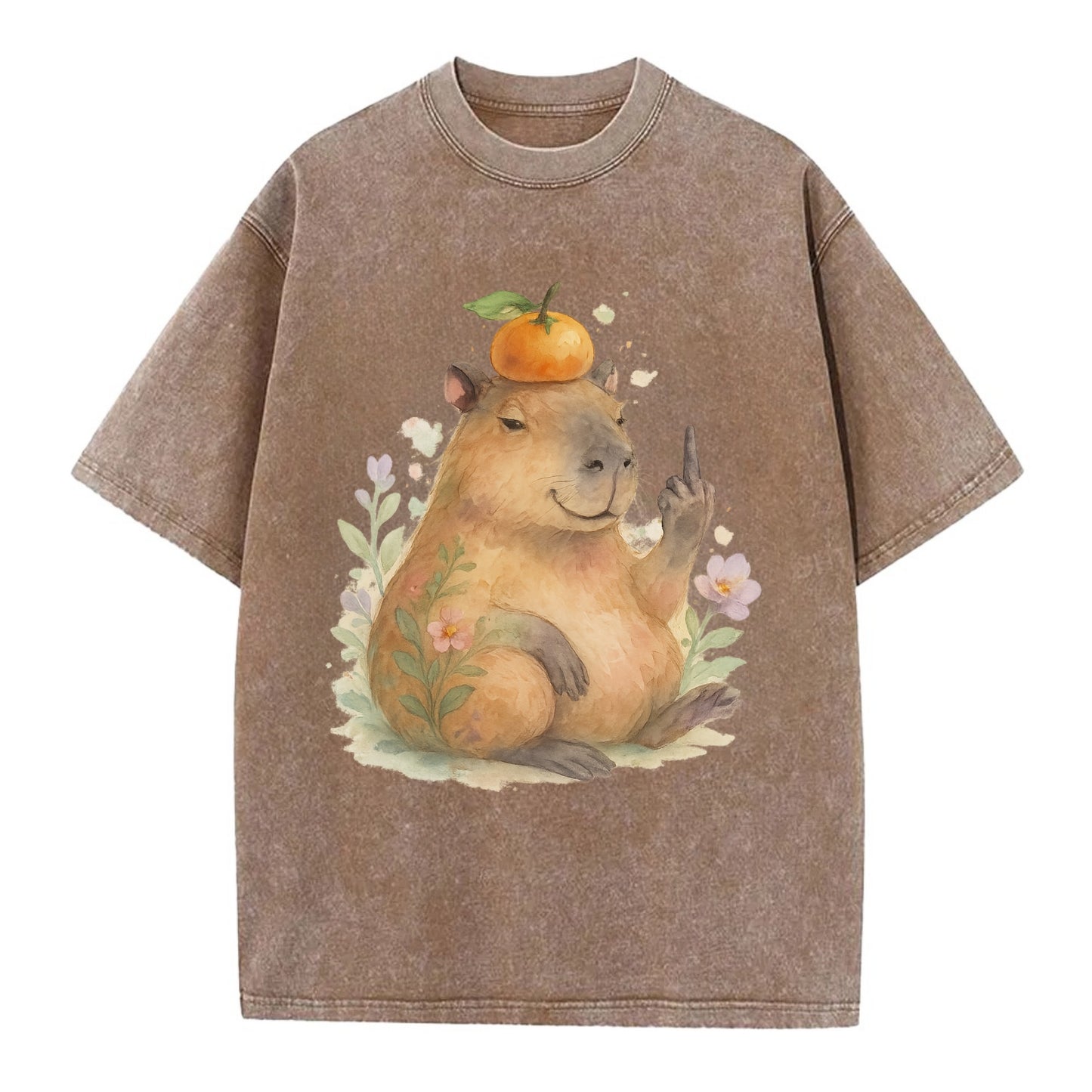 chonky capybara relaxing with orange on head, one webbed middle finger up - Vintage T-shirt - Brown
