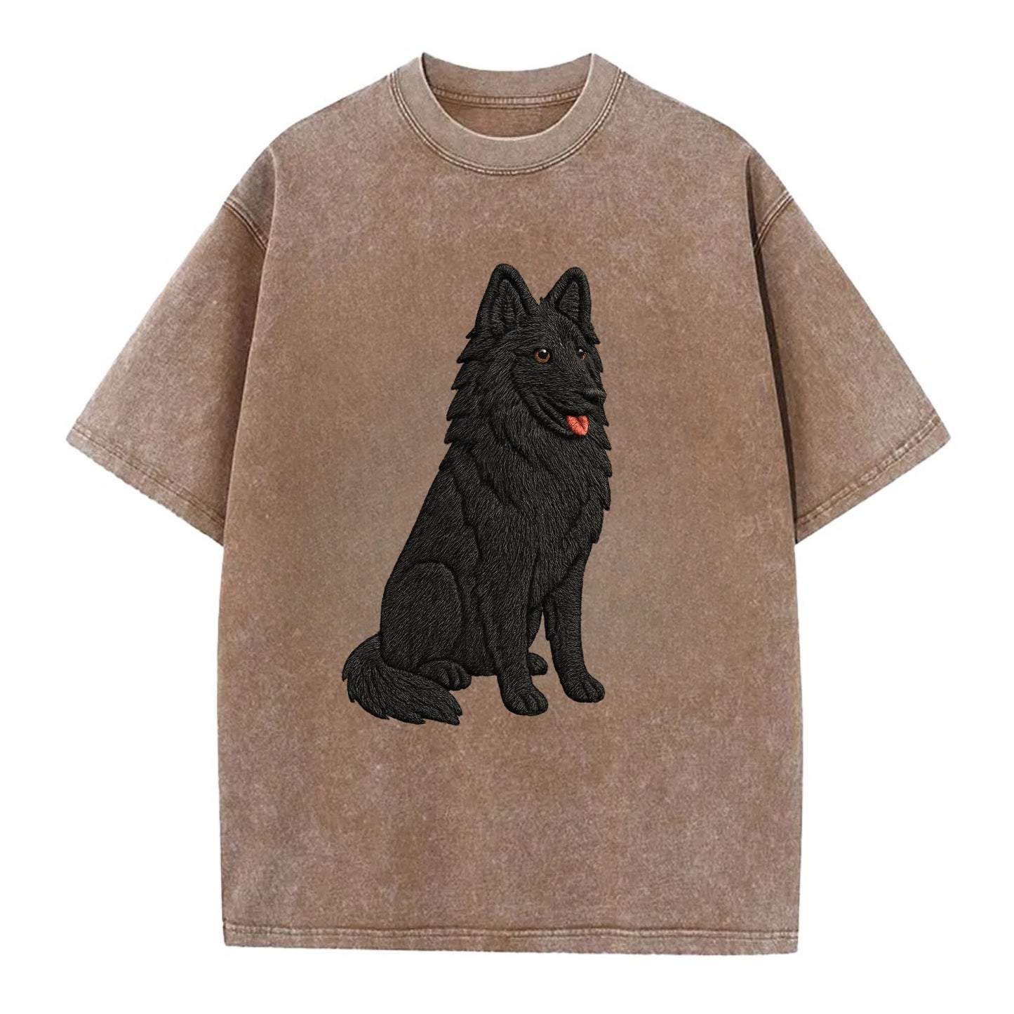 Belgian Sheepdog - Black long-haired embroidered pose - Vintage T-shirt - Brown