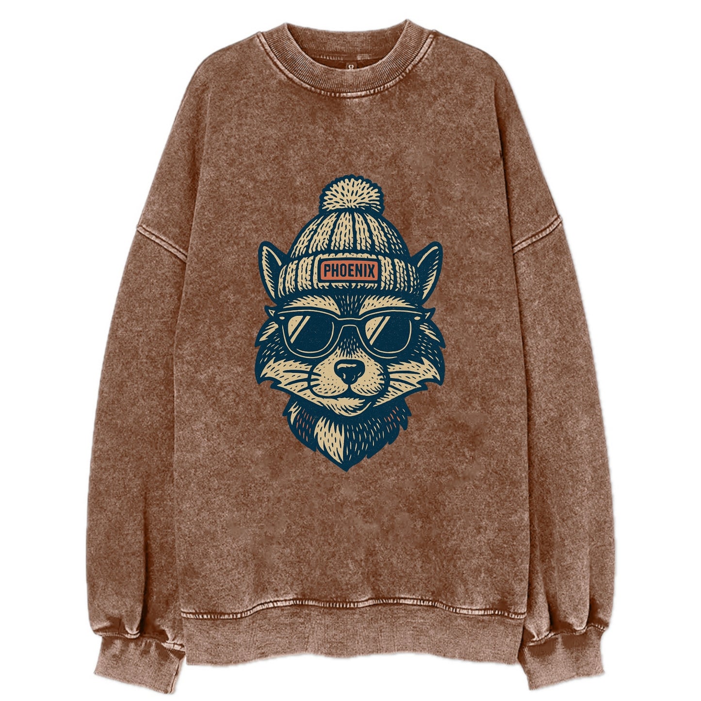 Arizona Ringtail wearing Phoenix beanie with pom pom and wayfarer sunglasses - Vintage Sweatshirt - Brown