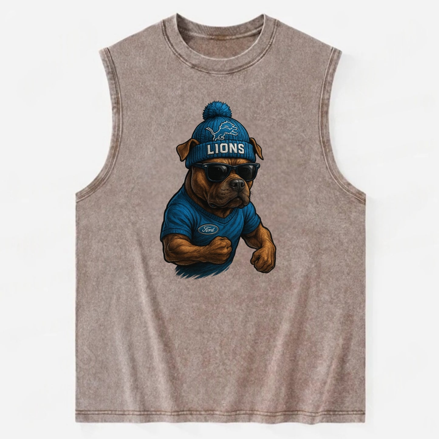 Detroit Pitbull wearing Lions beanie with auto patch and wayfarer sunglasses - Vintage Washed Tank - Brown