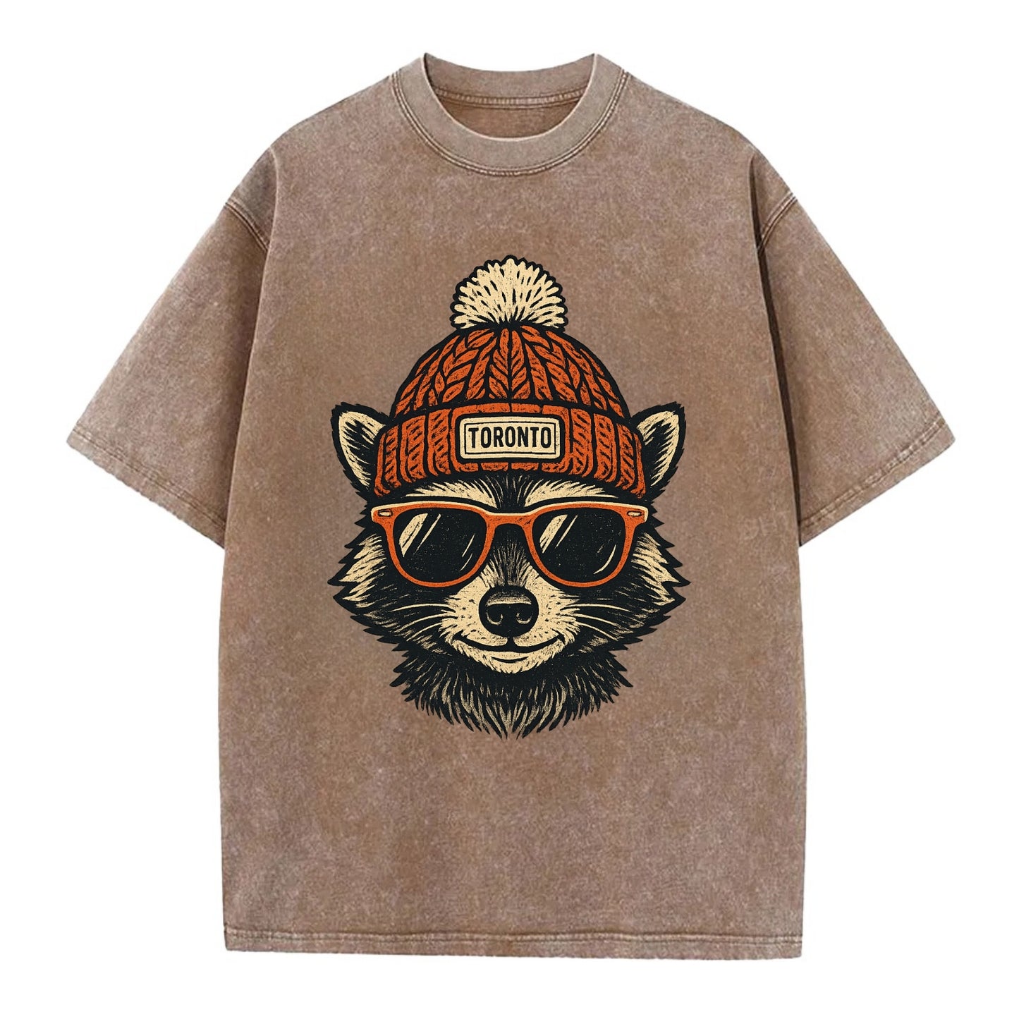 Toronto Raccoon wearing Toronto beanie with pom pom and wayfarer sunglasses - Vintage T-shirt - Brown