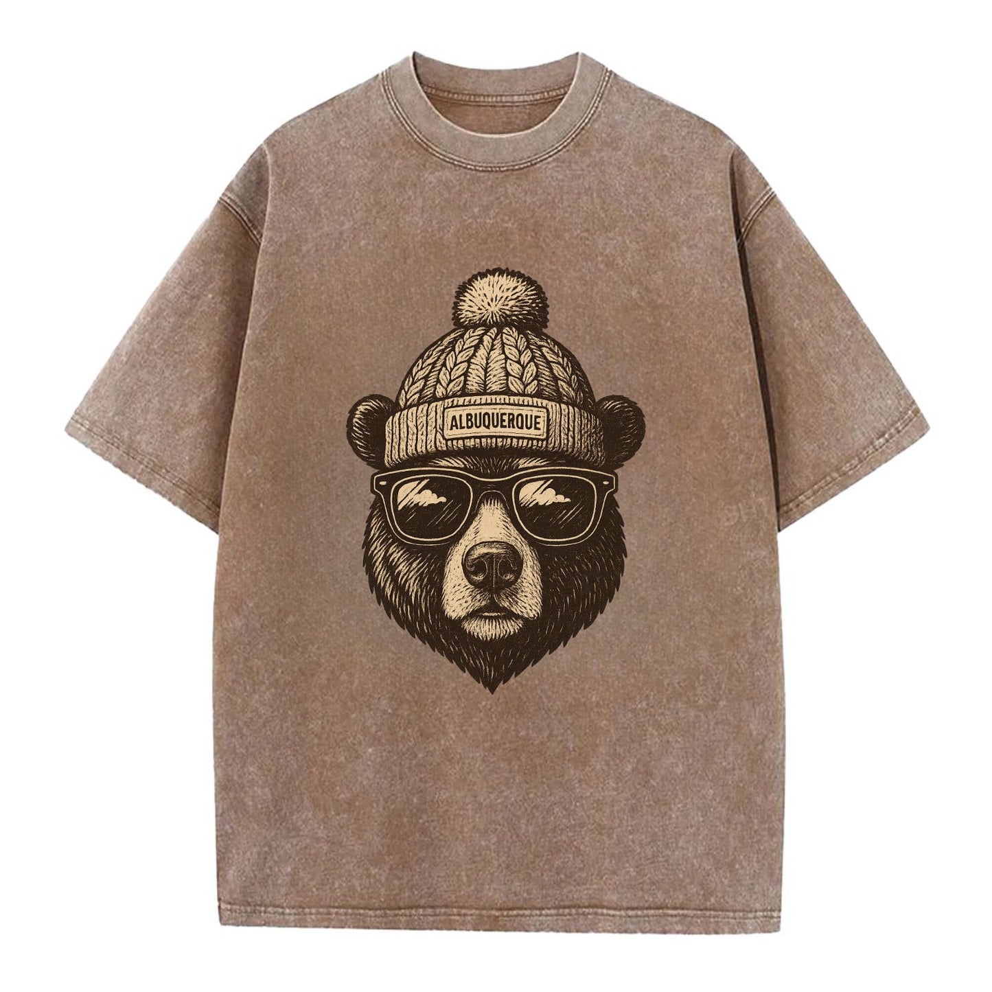 New Mexico Black Bear wearing Albuquerque beanie with pom pom and wayfarer - Vintage T-shirt - Brown