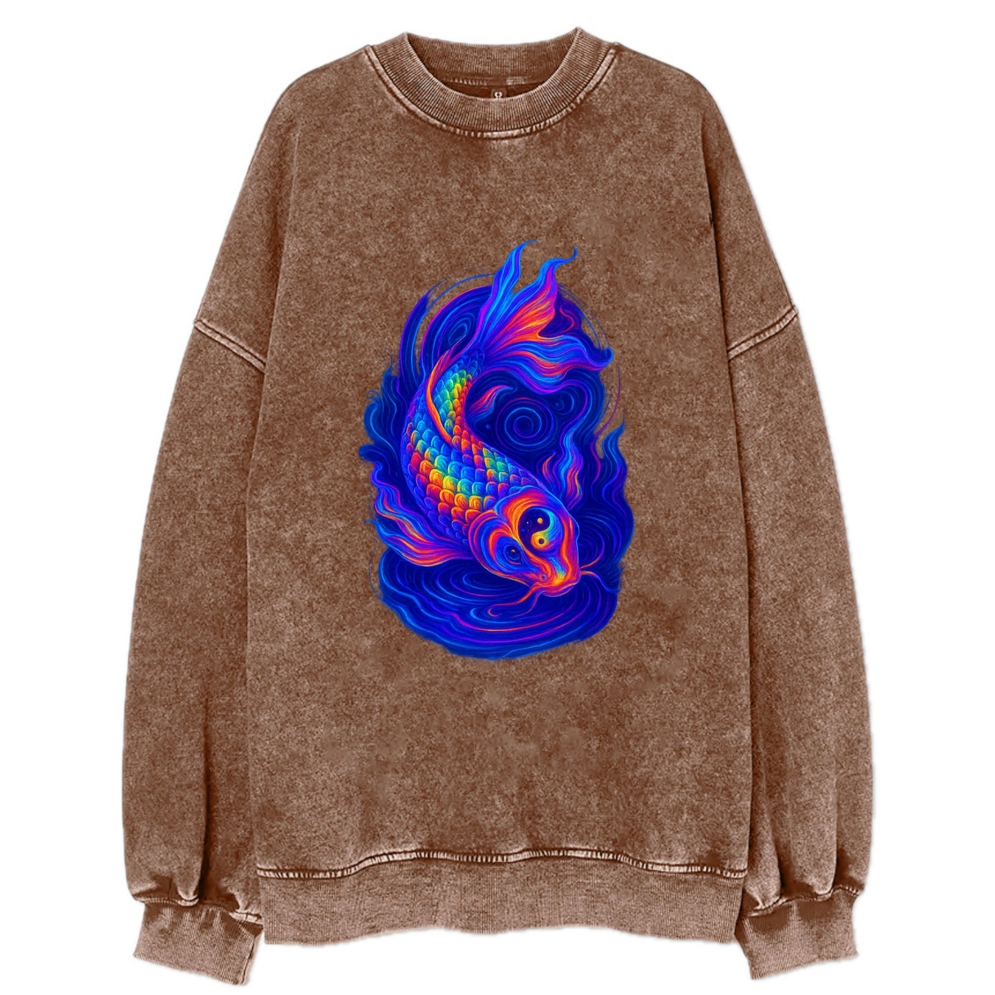 Sacred koi with scales reflecting rainbow prisms, yin-yang patterns in cosmic - Vintage Sweatshirt - Brown