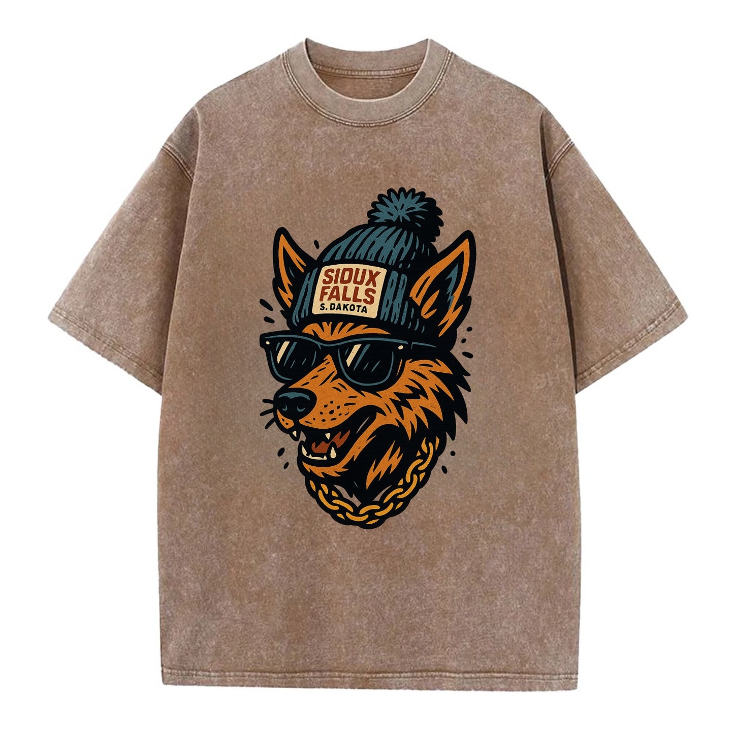South Dakota Coyote wearing Sioux Falls beanie with pom pom and wayfarer - Vintage T-shirt - Brown