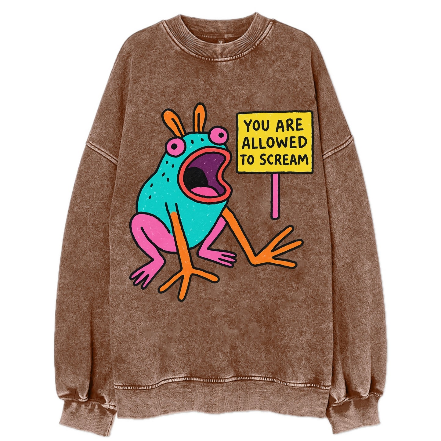 YOU ARE ALLOWED TO SCREAM | Open-mouthed frog mid-scream - Vintage Sweatshirt - Brown
