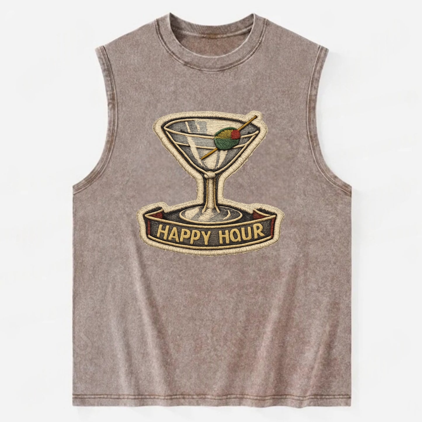 COCKTAIL MARTINI - martini glass with olive in silver and green , happy hour - Vintage Washed Tank - Brown