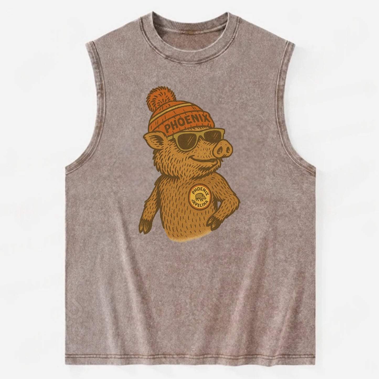 Phoenix Javelina wearing Phoenix beanie with pom pom and wayfarer sunglasses - Vintage Washed Tank - Brown