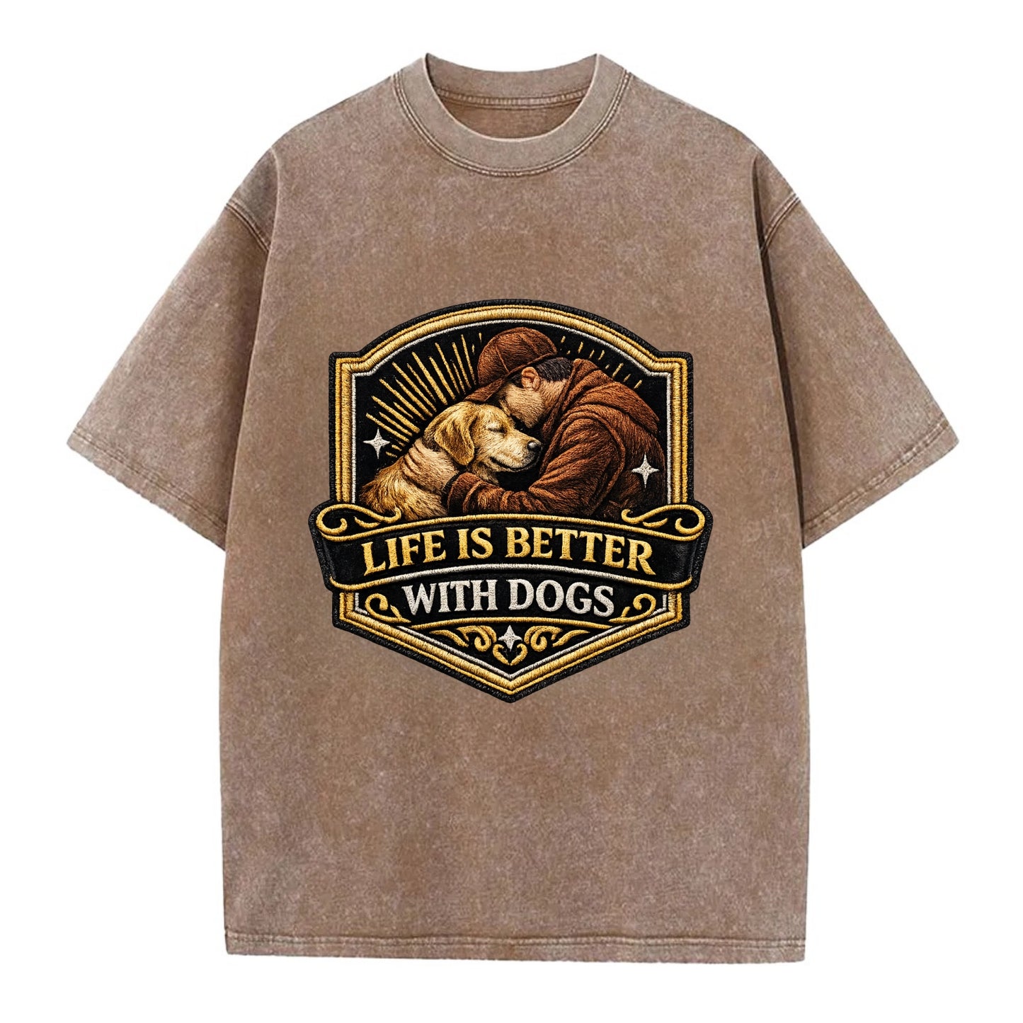 LIFE IS BETTER WITH DOGS - dog and human in brown , dog lover - Vintage T-shirt - Brown