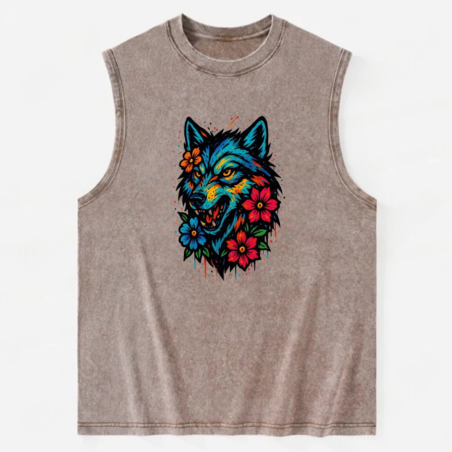 Floral Wolf Garden - Vintage Washed Tank - Brown