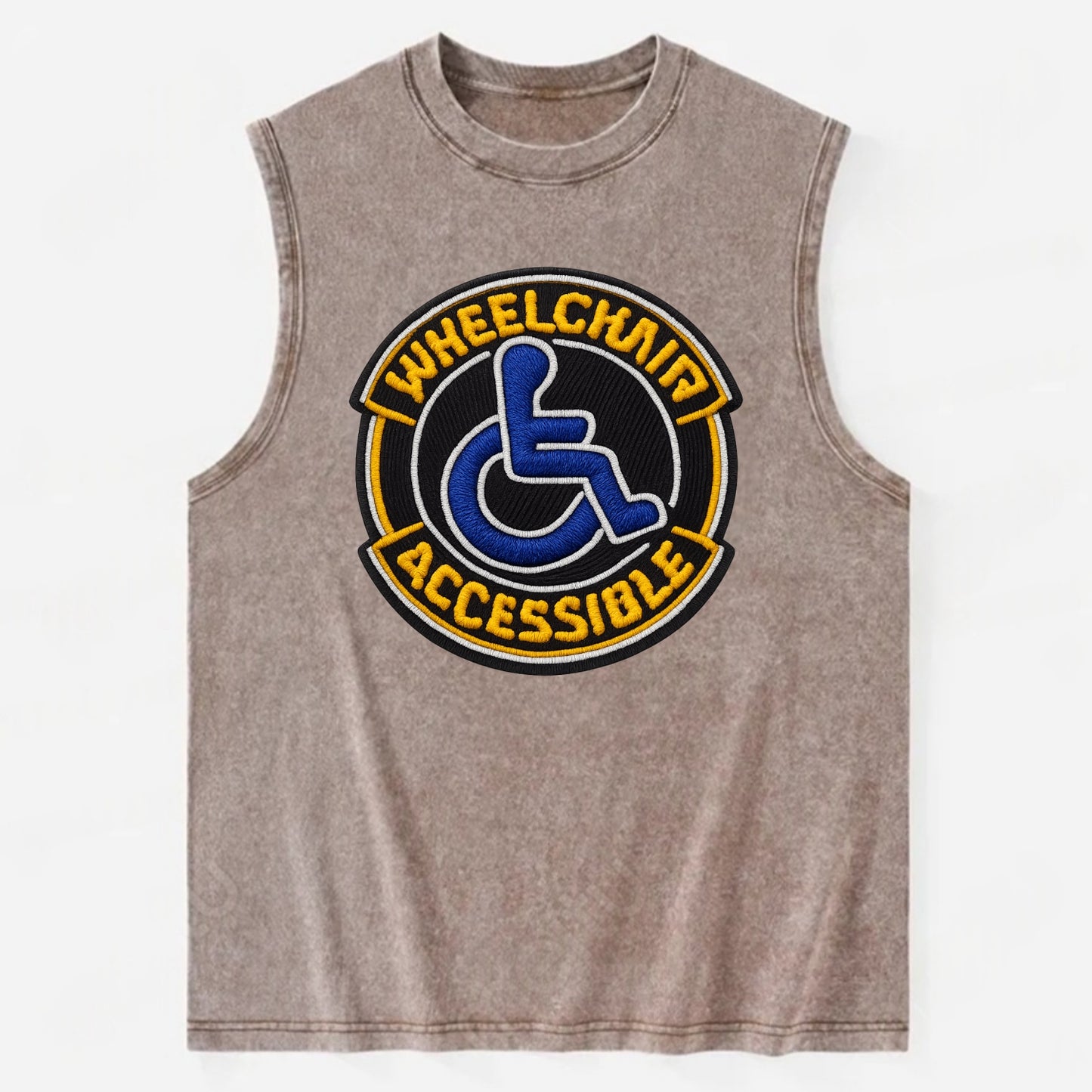 WHEELCHAIR ACCESSIBLE - accessibility symbol in blue , inclusion - Vintage Washed Tank - Brown
