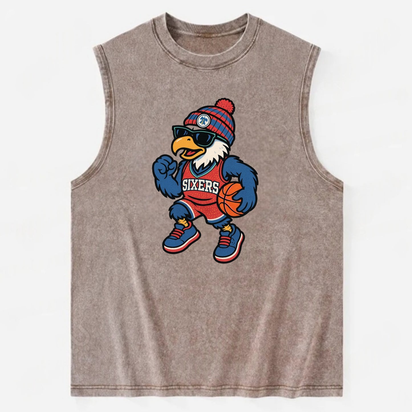 Philadelphia Eagle wearing 76ers red white and blue beanie with bell patch - Vintage Washed Tank - Brown