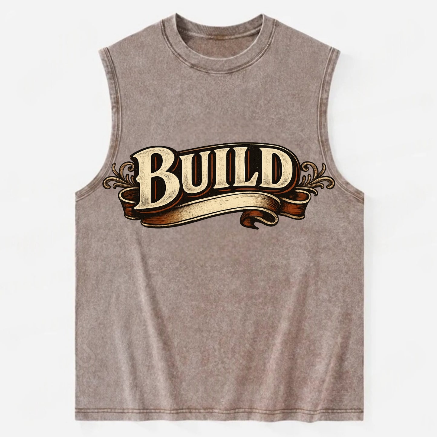 Bold typography design - "BUILD" - constructing, making real - Vintage Washed Tank - Brown