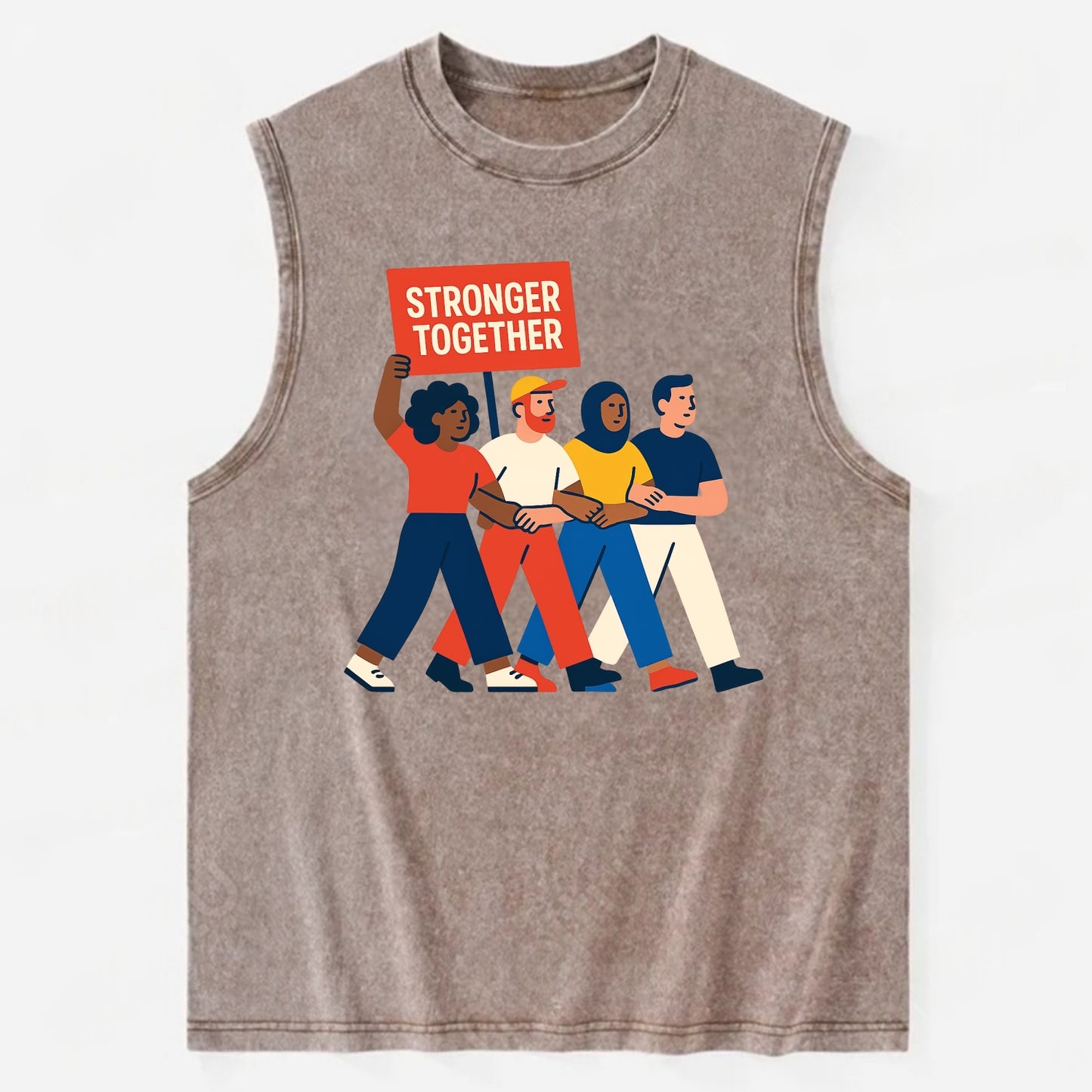 Peaceful protesters marching with linked arms - "Stronger Together" - - Vintage Washed Tank - Brown