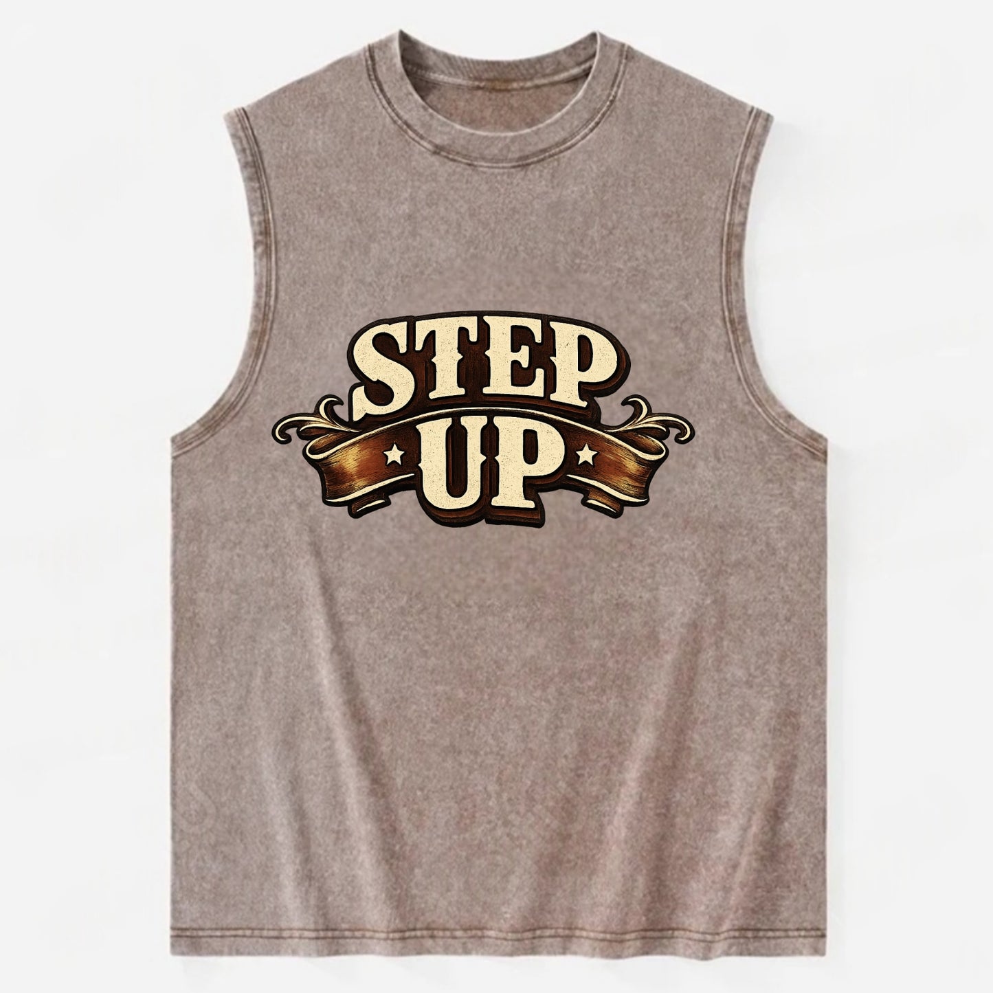 Bold typography design - "STEP UP" - rise to occasion, take charge - Vintage Washed Tank - Brown