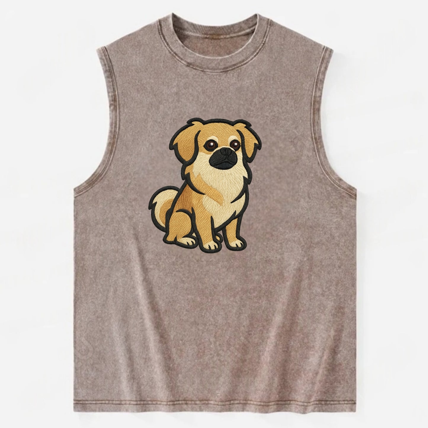 Tibetan Spaniel - Fawn small dog embroidered design - Vintage Washed Tank - Brown