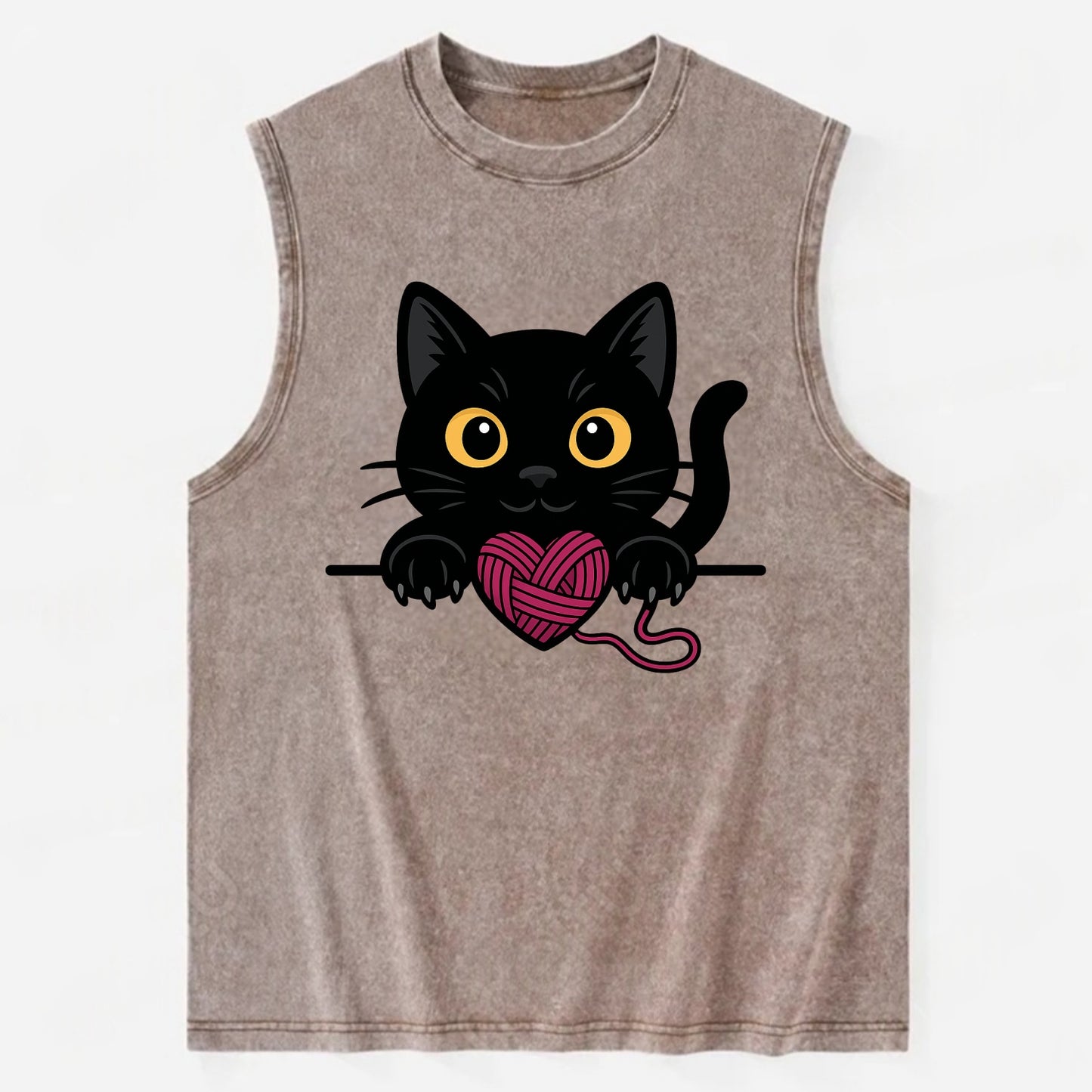 Midnight the black cat stretching tall with claws gently hooked over the edge. - Vintage Washed Tank - Brown