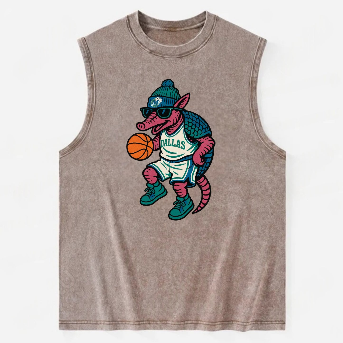 Dallas Armadillo wearing Mavericks beanie with cowboy hat patch and wayfarer - Vintage Washed Tank - Brown