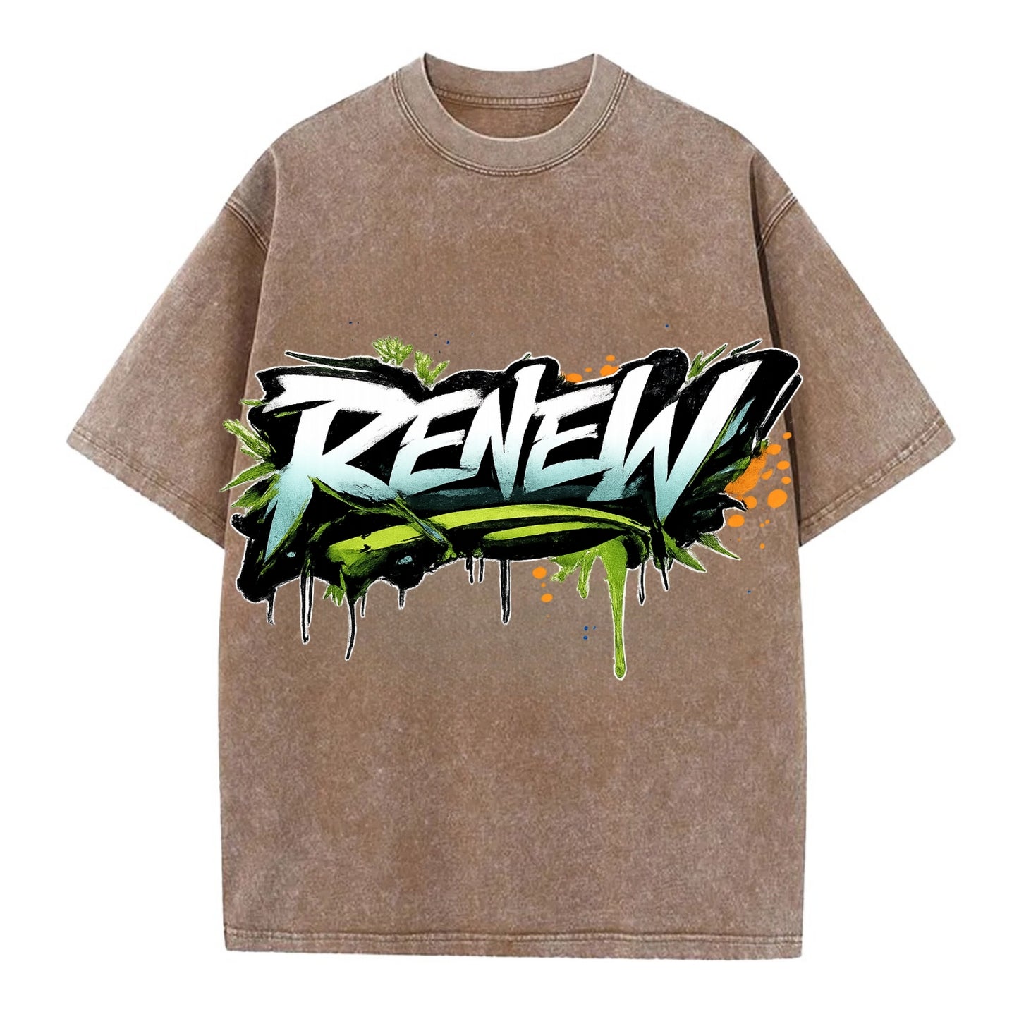 Bold typography design - "RENEW" - starting fresh, regenerating - Vintage T-shirt - Brown
