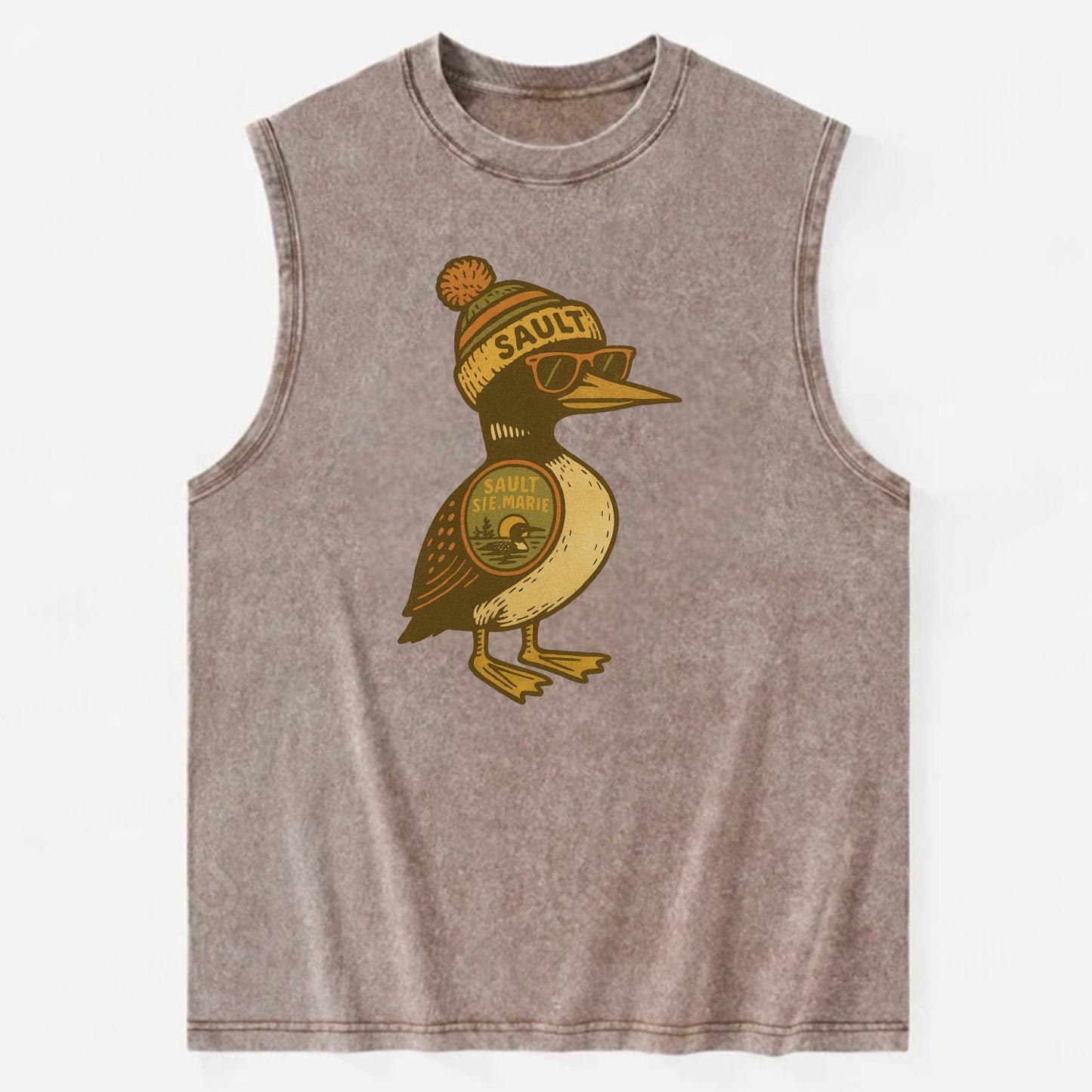Sault Ste Marie Loon wearing Sault beani - Vintage Washed Tank - Brown