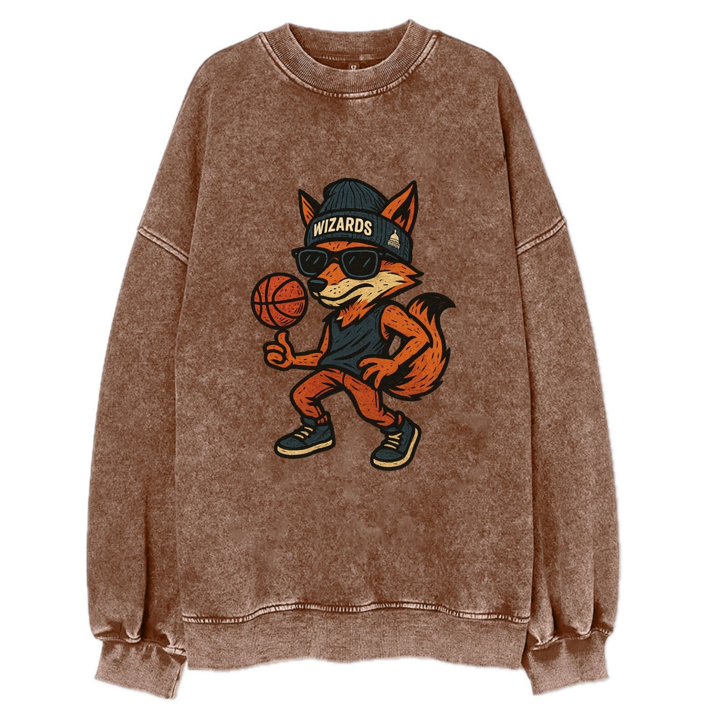 Washington Fox wearing Wizards beanie with capitol patch and wayfarer - Vintage Sweatshirt - Brown