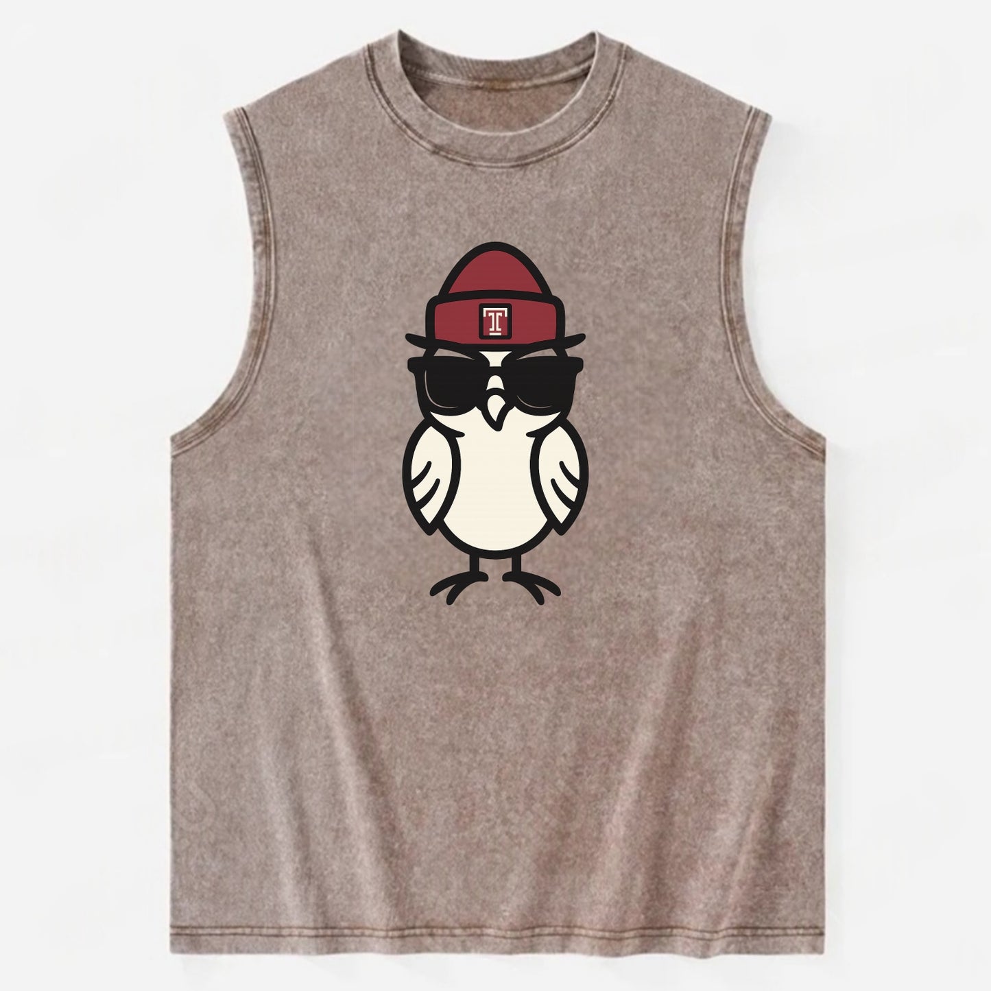 Philadelphia Owl wearing Temple beanie with T patch - Vintage Washed Tank - Brown