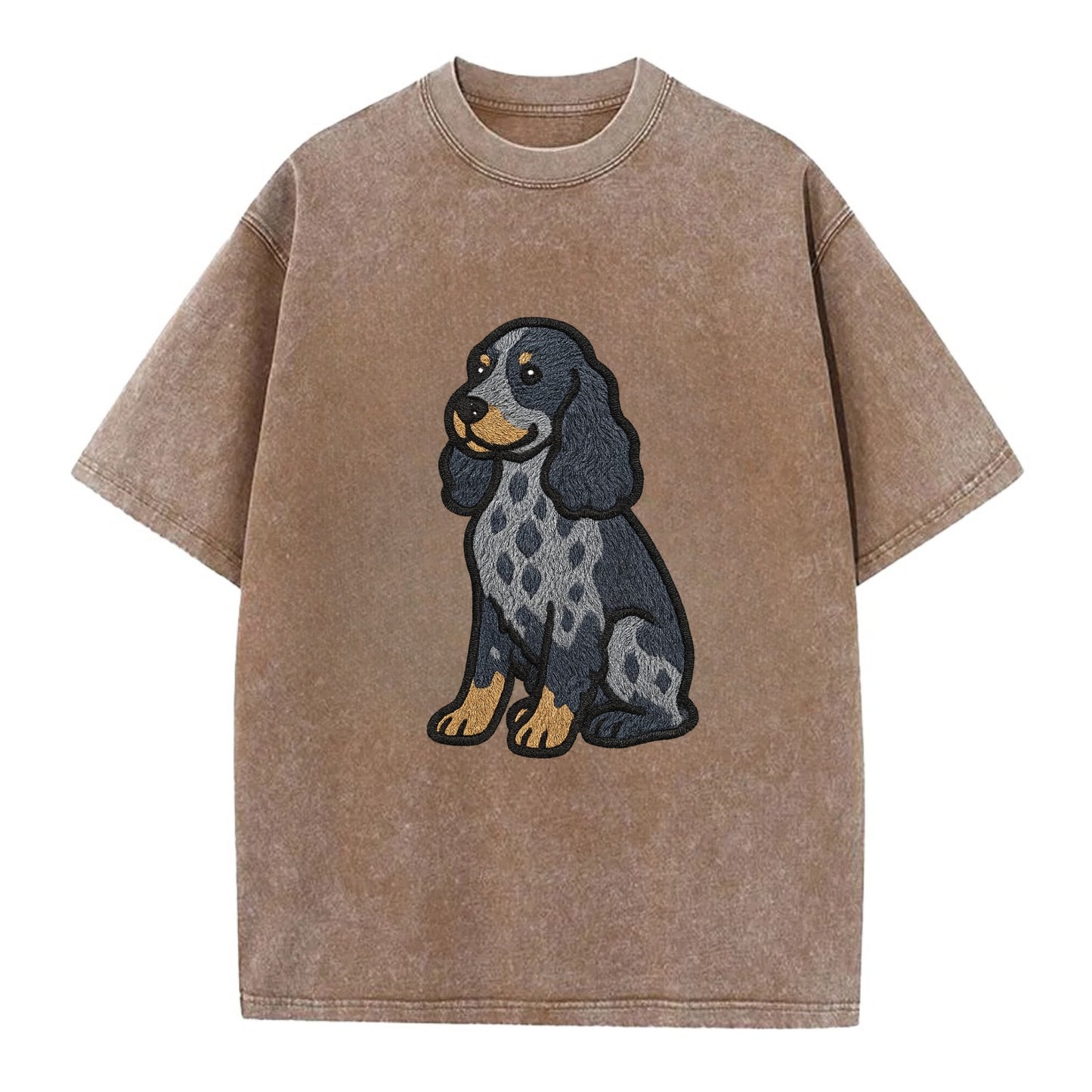 English Cocker Spaniel - Blue roan embroidered sitting pose - Vintage T-shirt - Brown