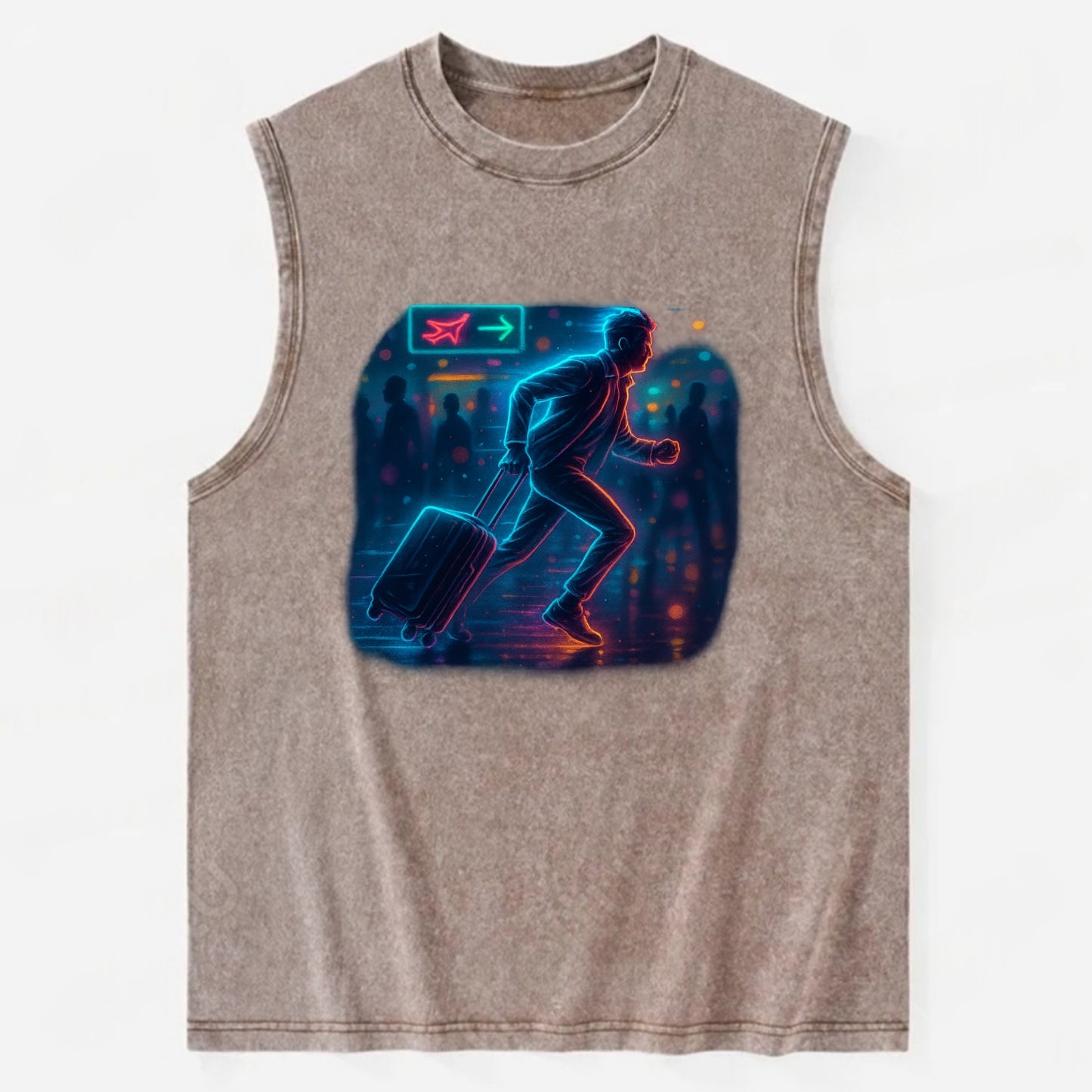 person running with luggage through crowded airport terminal - Vintage Washed Tank - Brown