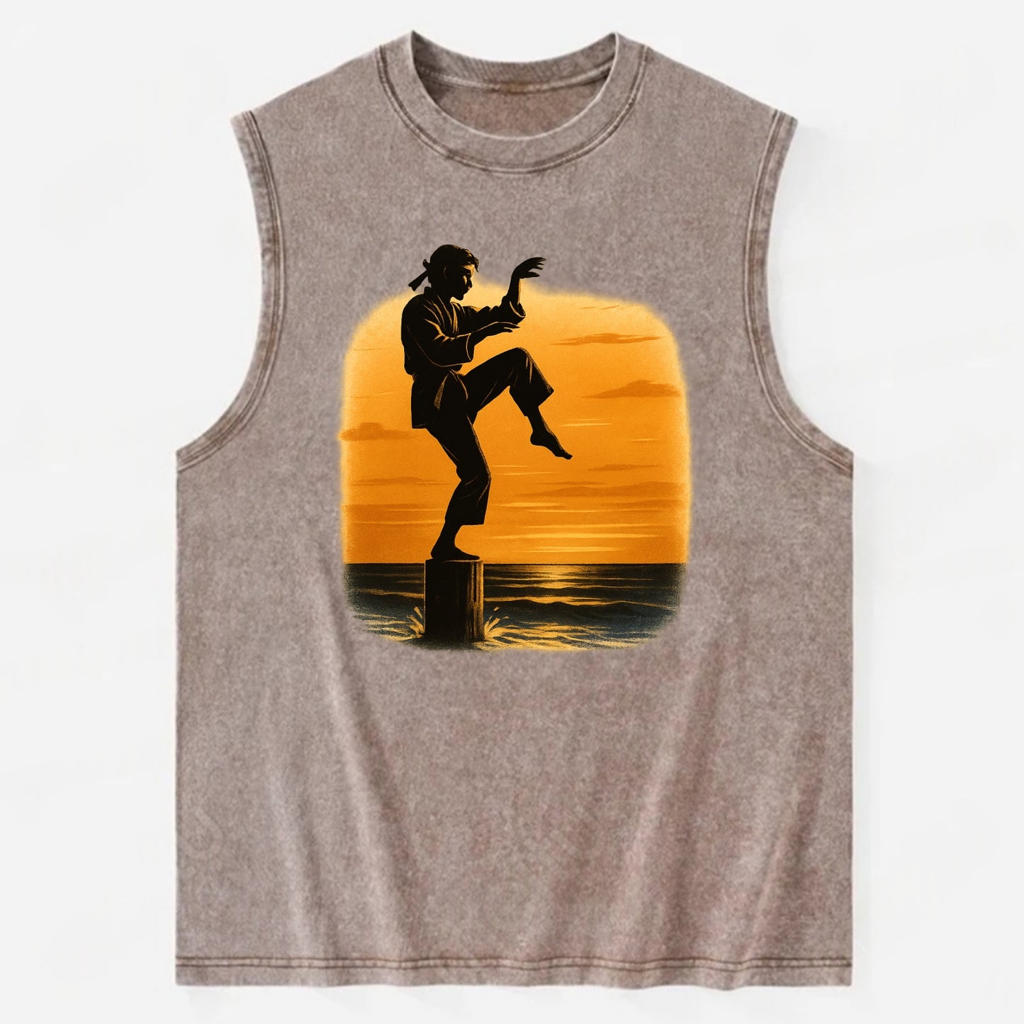 karate crane kick pose on wooden post at beach sunset - Vintage Washed Tank - Brown