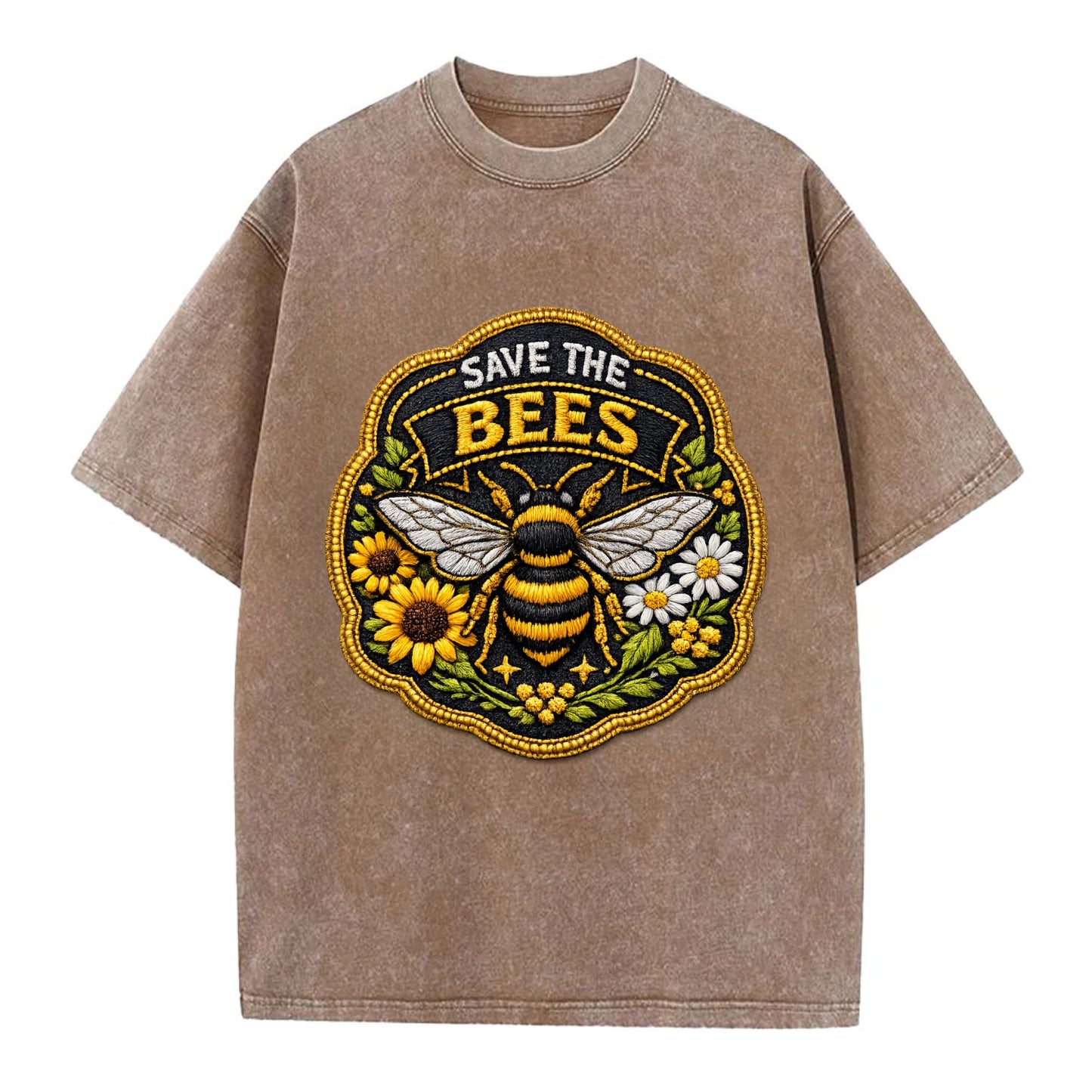 SAVE THE BEES - bee with flowers in yellow , pollinator protection - Vintage T-shirt - Brown