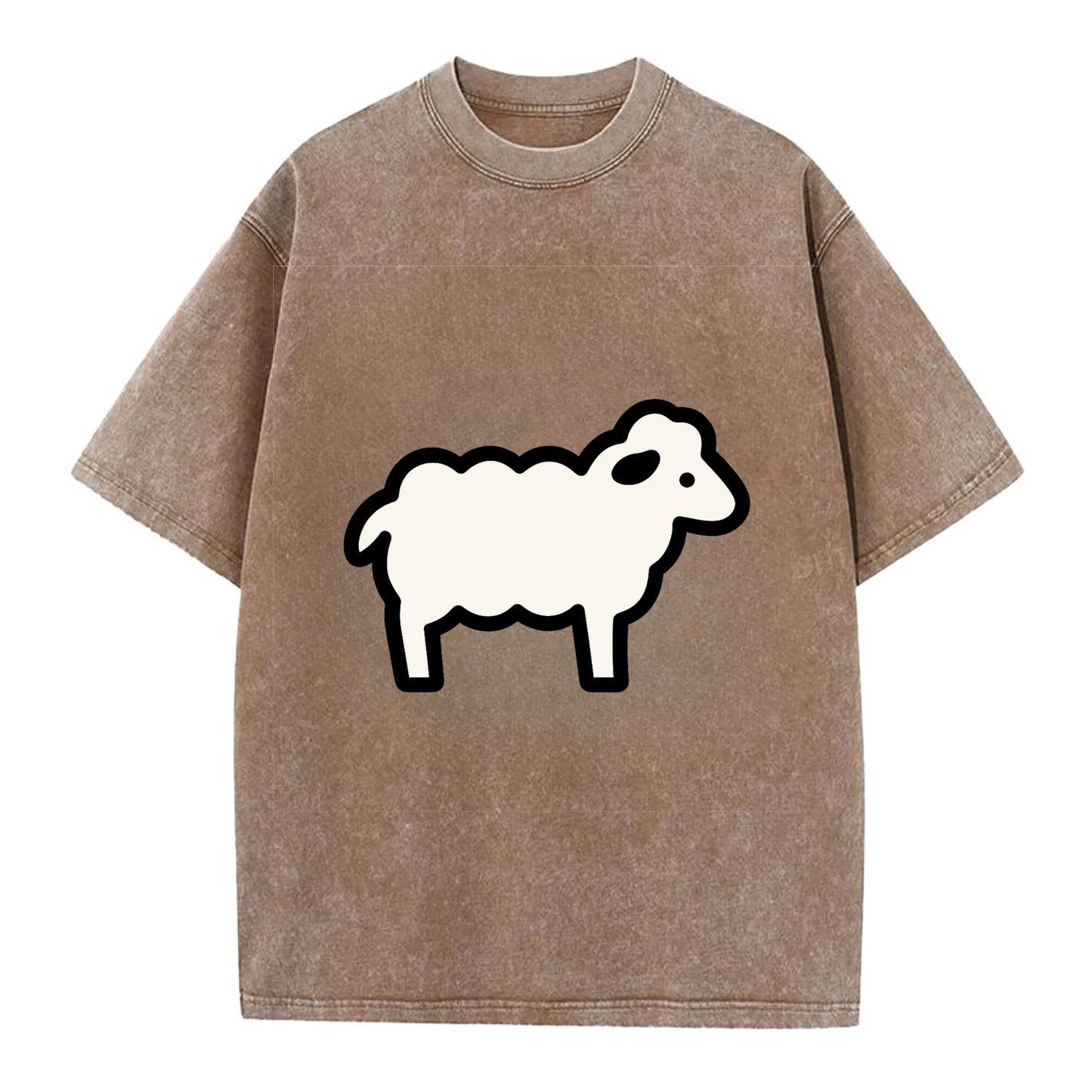 Sheep - White fluffy wool flat side profile - Vintage T-shirt - Brown